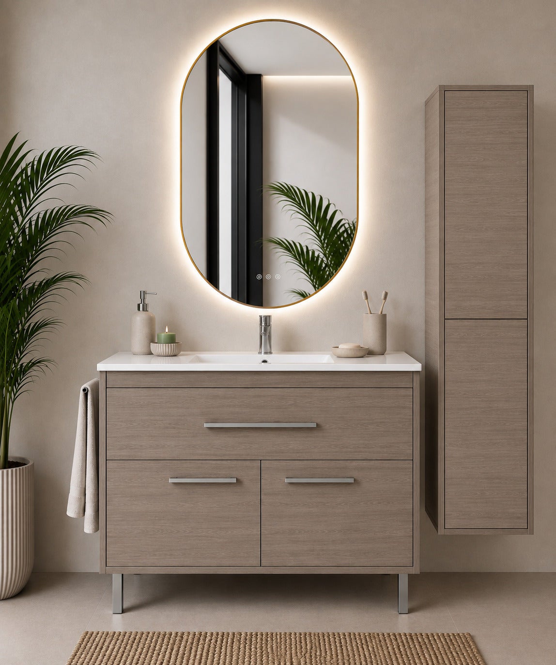 Mobilier de baie cu lavoar ORIGENBATH BAHIA fără oglindă 100x40 cm stejar smoky cu coloană