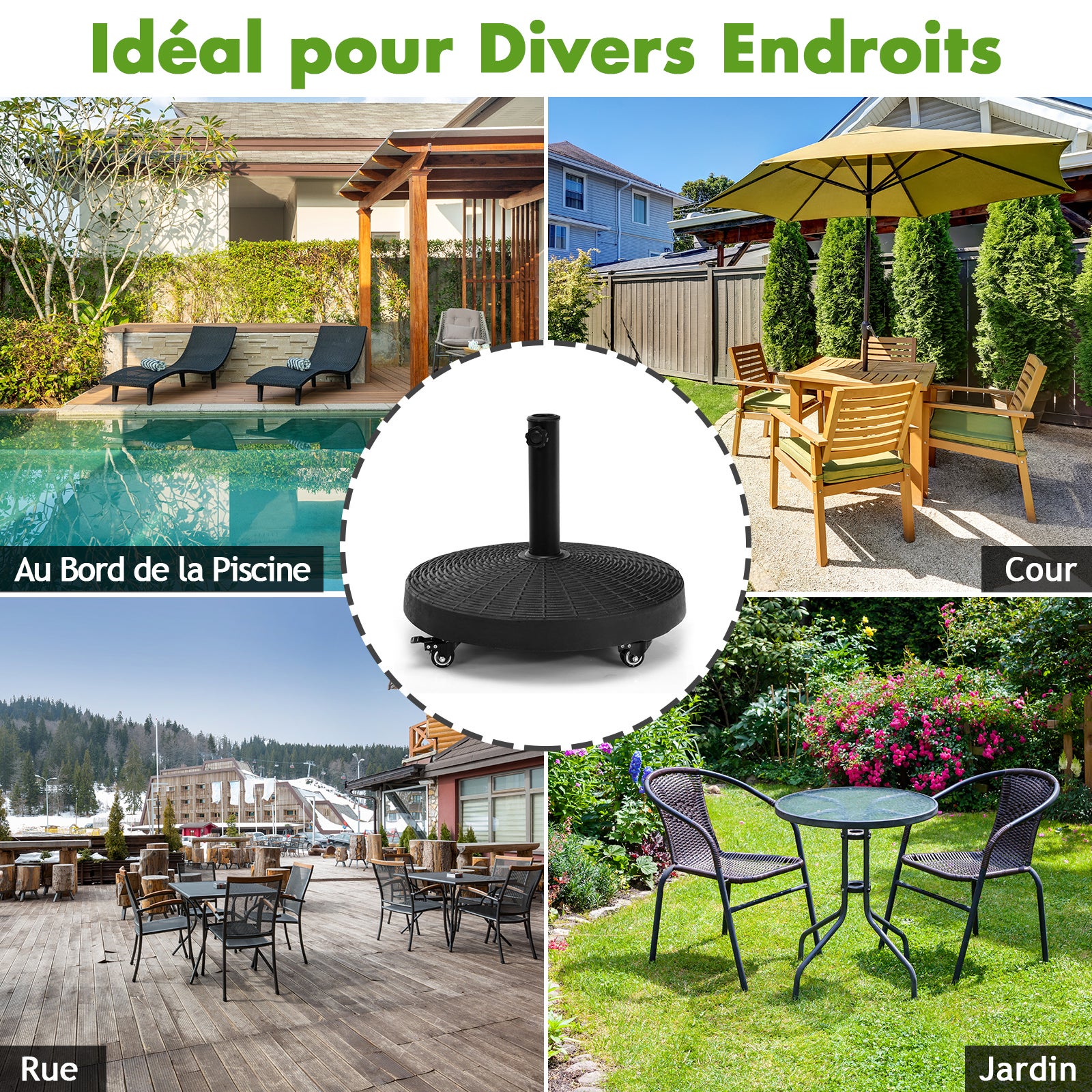 Pied de Parasol sur Roulettes φ52CM 23KG, Socle Parasol Extérieur en Résine avec Bouton Rotatif, Résistant aux Intempéries, pour Poteaux 38/48 mm - 6