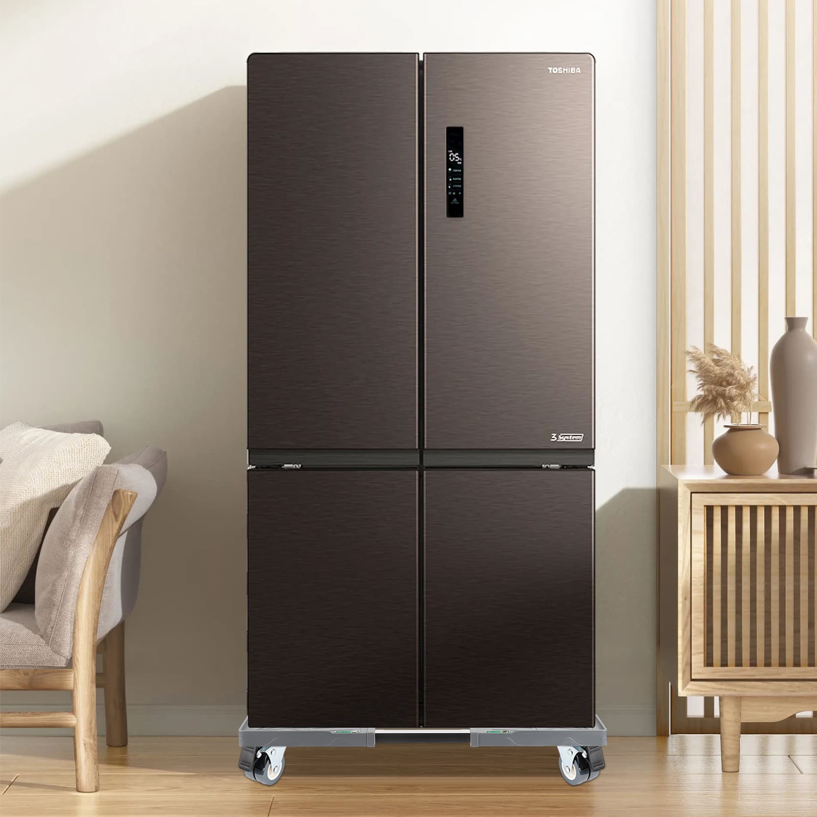 Support machine à laver : 4 roulettes verrouillables, charge 200 kg, largeur réglable, 4 supports, pour lave-linge/sèche-linge/réfrigérateurs - 7