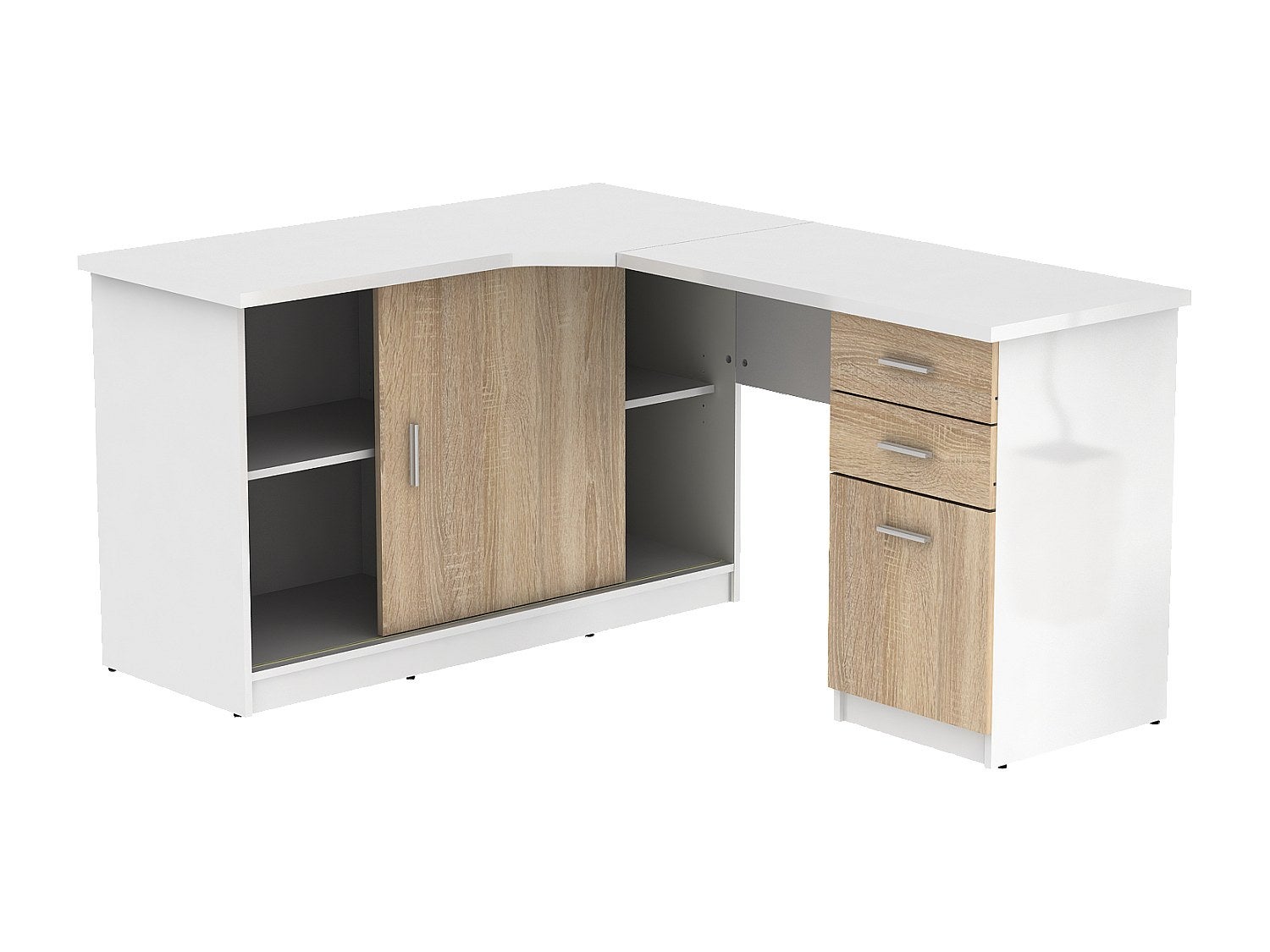 Bureau d'angle NORWY - 2 portes & 2 tiroirs - Blanc et chêne - 2