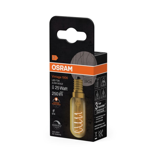 OSRAM Tube LED Vintage 1906 T26 Spiral, 2,8 W, E14, doré, transparent, élément spiralé, montage mural, construction de meubles, éclairage