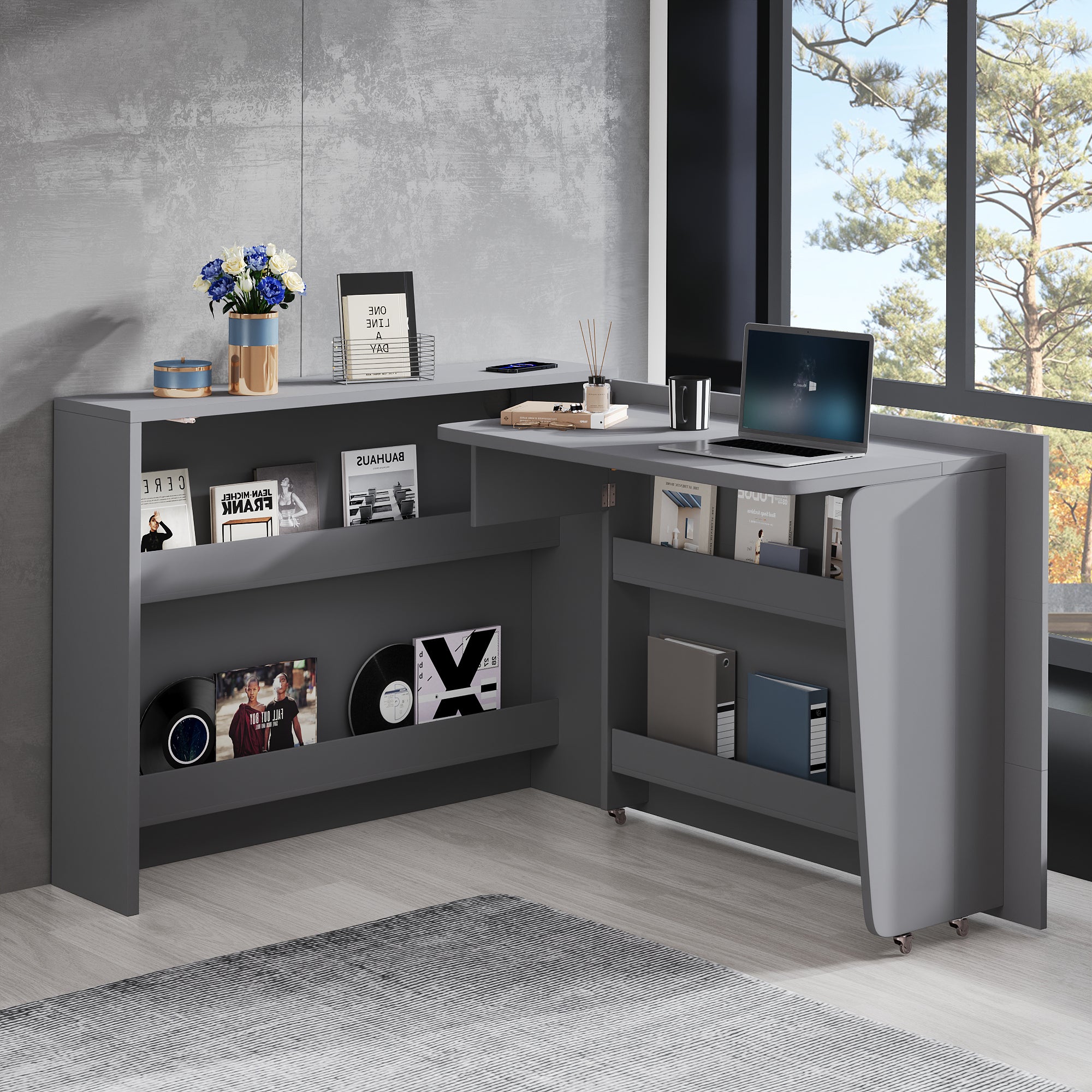 Bureau pliable 115x27x93 cm - avec fonction de charge sans fil - avec étagères et roulettes - Finition haute brillance - Gris - 3