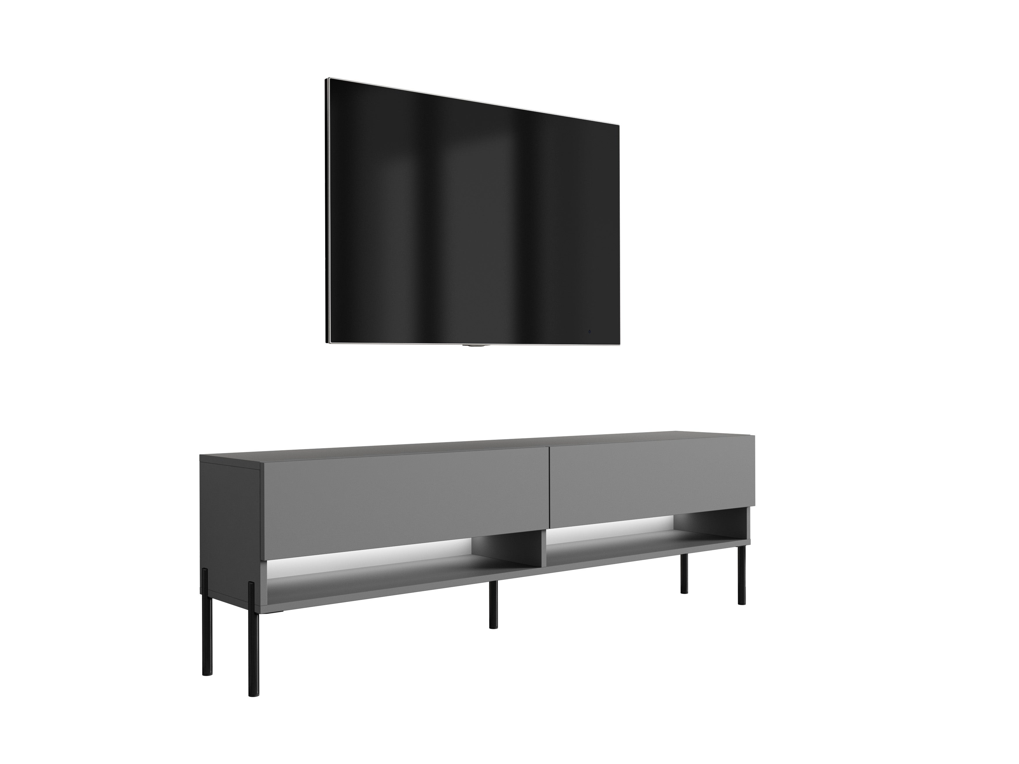 Szafka RTV : Antracyt, nóżki proste czarne, LED biały, 170 × 32 × 52 cm