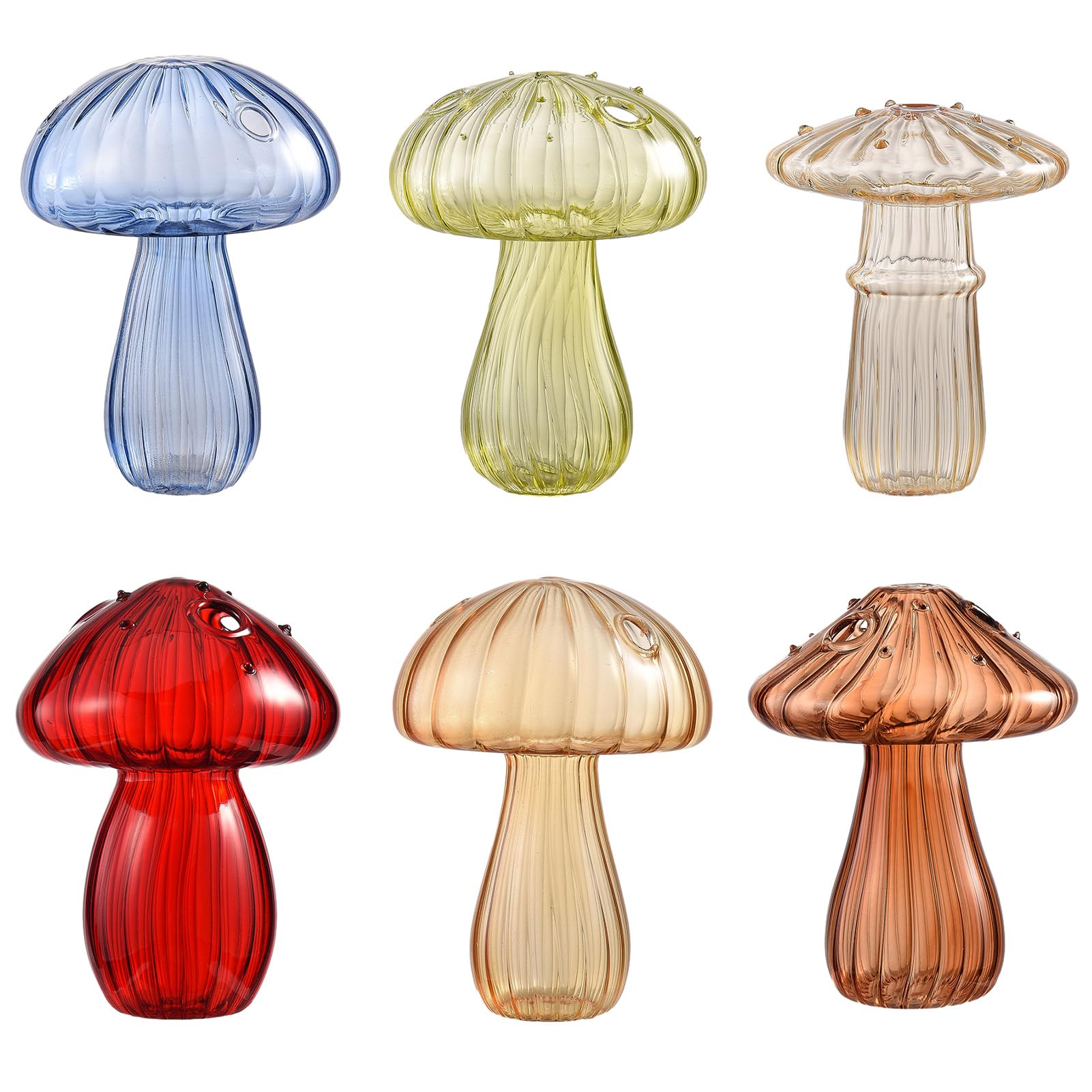 Zestaw 6 szklanych wazonów w kształcie grzybów, kolorowe mini hydroponiczne doniczki do dekoracji domu i biura