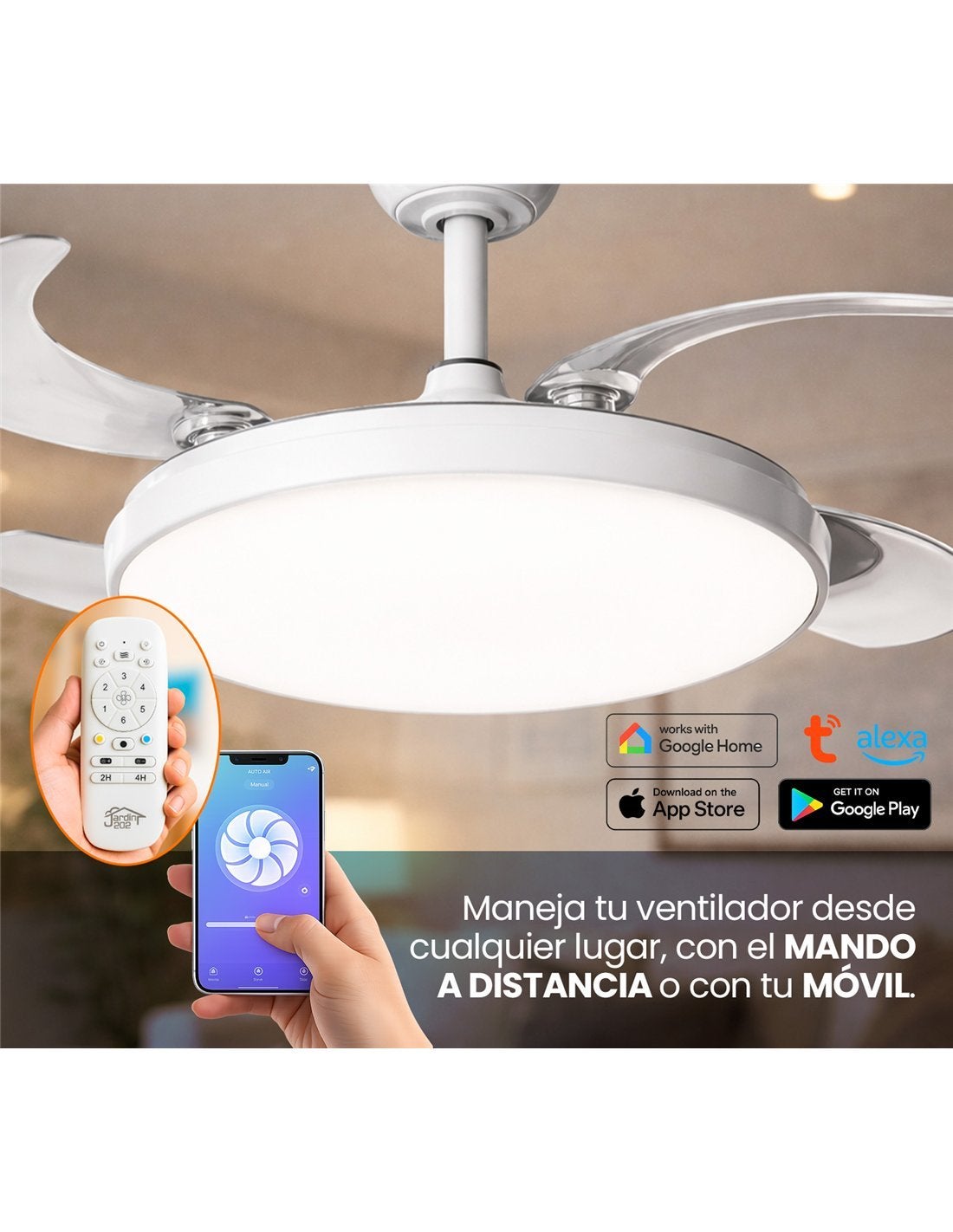 Ventilador de techo Zahara blanco con aspas retráctiles, motor DC, luz LED regulable, WiFi Alexa/Google Home y mando - 2
