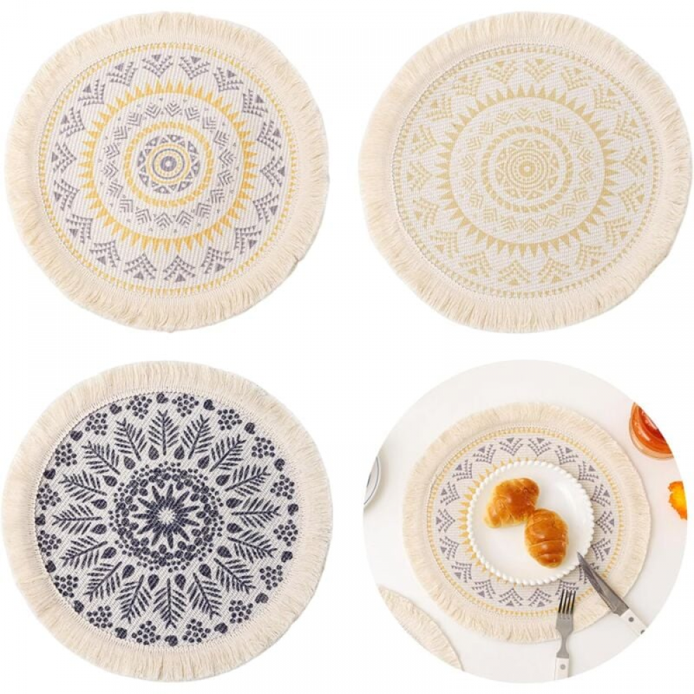 (3 sztuki) Okrągłe podkładki w stylu boho, Okrągłe zmywalne podkładki w stylu boho, Podkładka bawełniana w stylu boho, Okrągła dekoracja podkładki w s