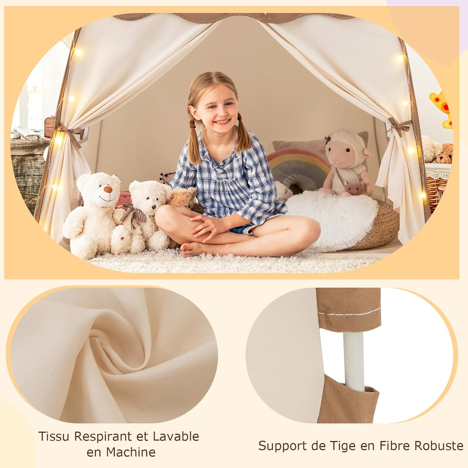 Tenda per bambini grande, casetta da gioco per bambini da interno ed esterno con luci, bandiere, 2 porte, 2 finestre, tenda indiana lavabile in lavatr - 6