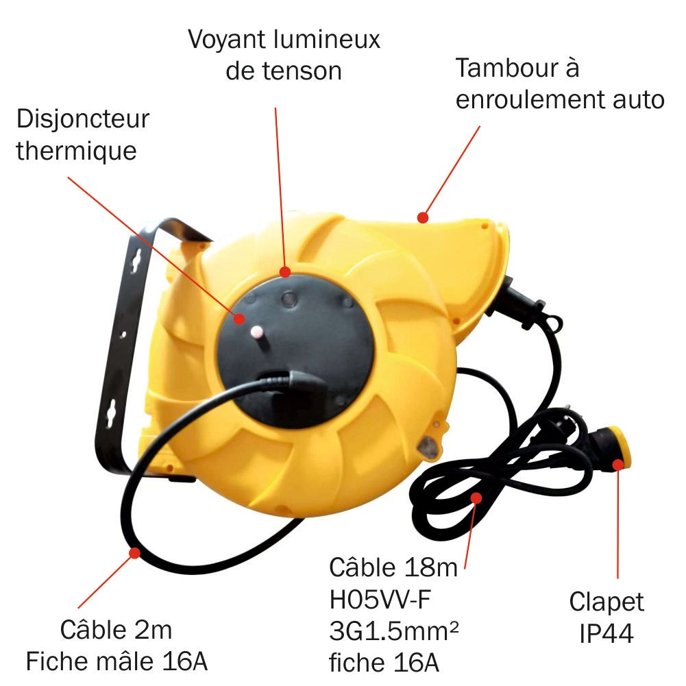Enrouleur mural auto 20m 3G1.5 H07RN-F avec voyant + disjoncteur thermique - garantie 2 ans - 2