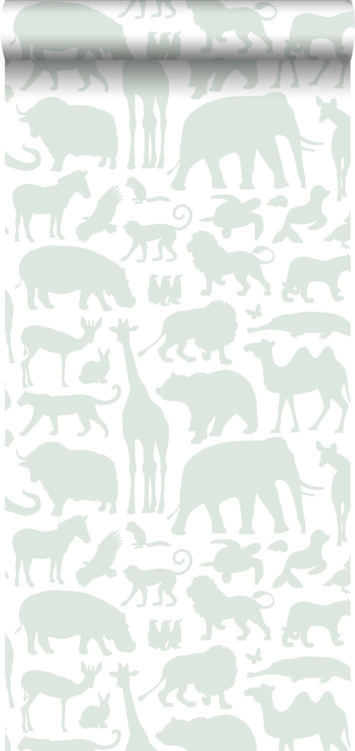 Tapeta zwierzęta dżungli jasnozielonymIbiałym - 53 cm x 10.05 m - WALLS4YOU