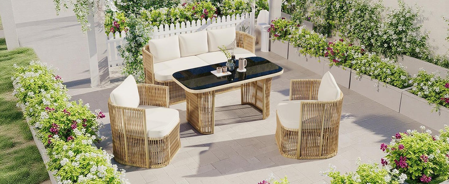 Salon de Jardin en Résine Tressée 5 Pièces - Canapé 3 places, 2 Fauteuils et Table en Verre Trempé - Coussins Épais - Beige et Noir - 7