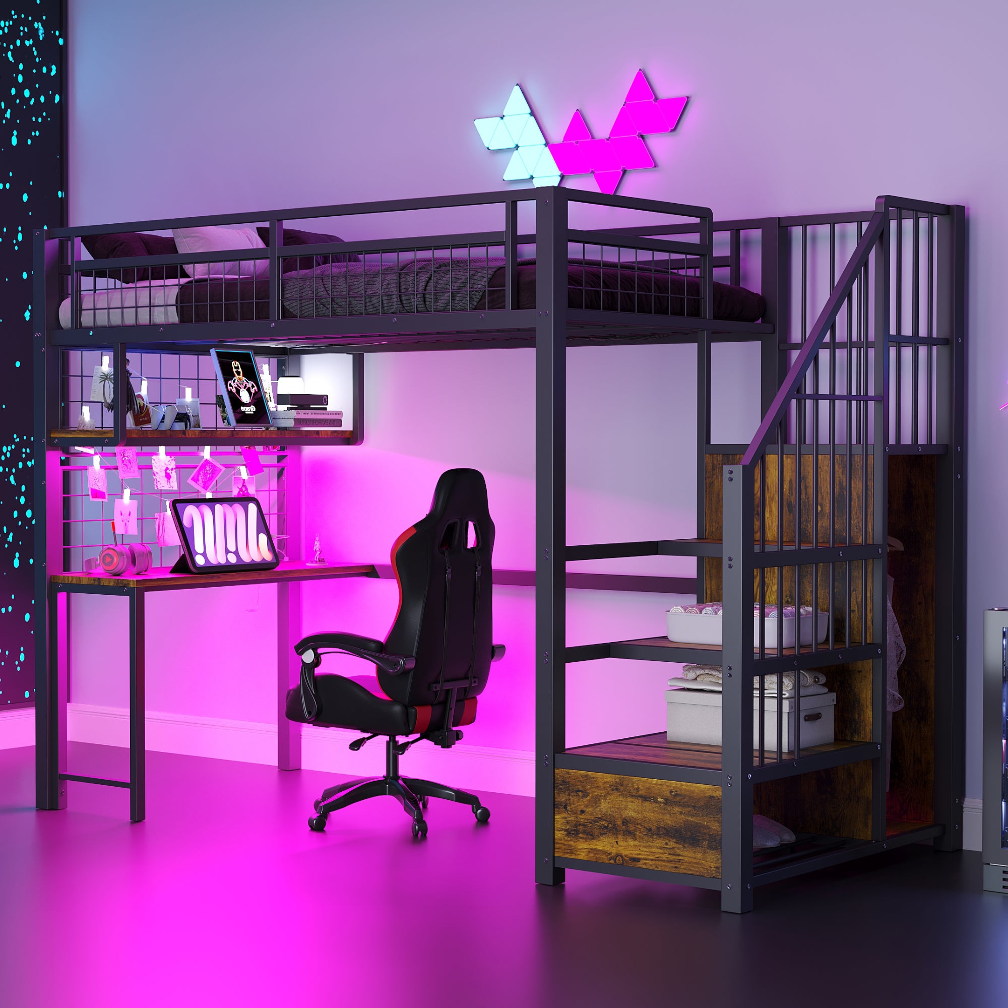 Lit mezzanine 90x200 cm - avec échelle - avec bureau - avec penderie - 2 tiroirs - naturel (matelas non inclus