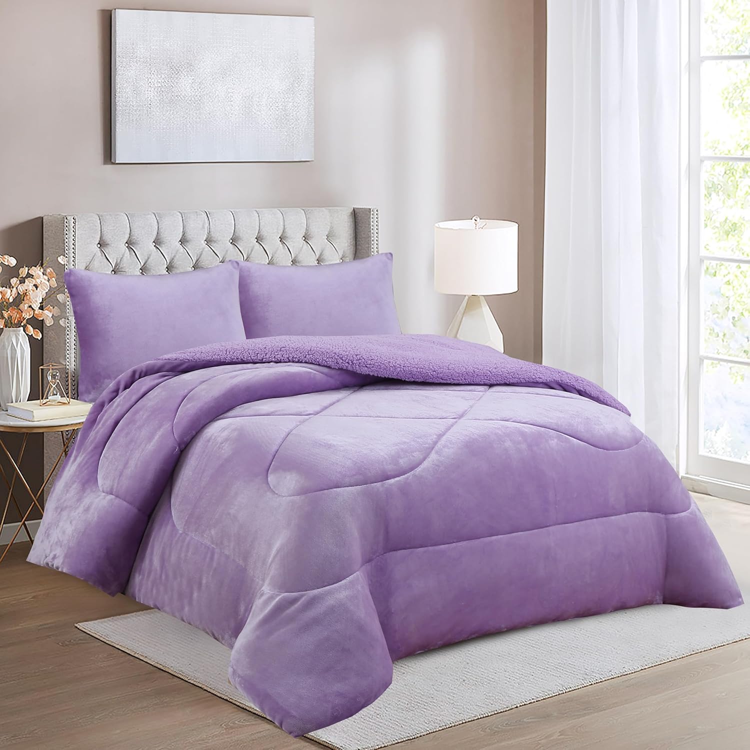 Haradeco manta sherpa para cama con fundas almohada, edredón borreguito terciopelo gruesa abriga(liso lila lavanda, 240x260cm)