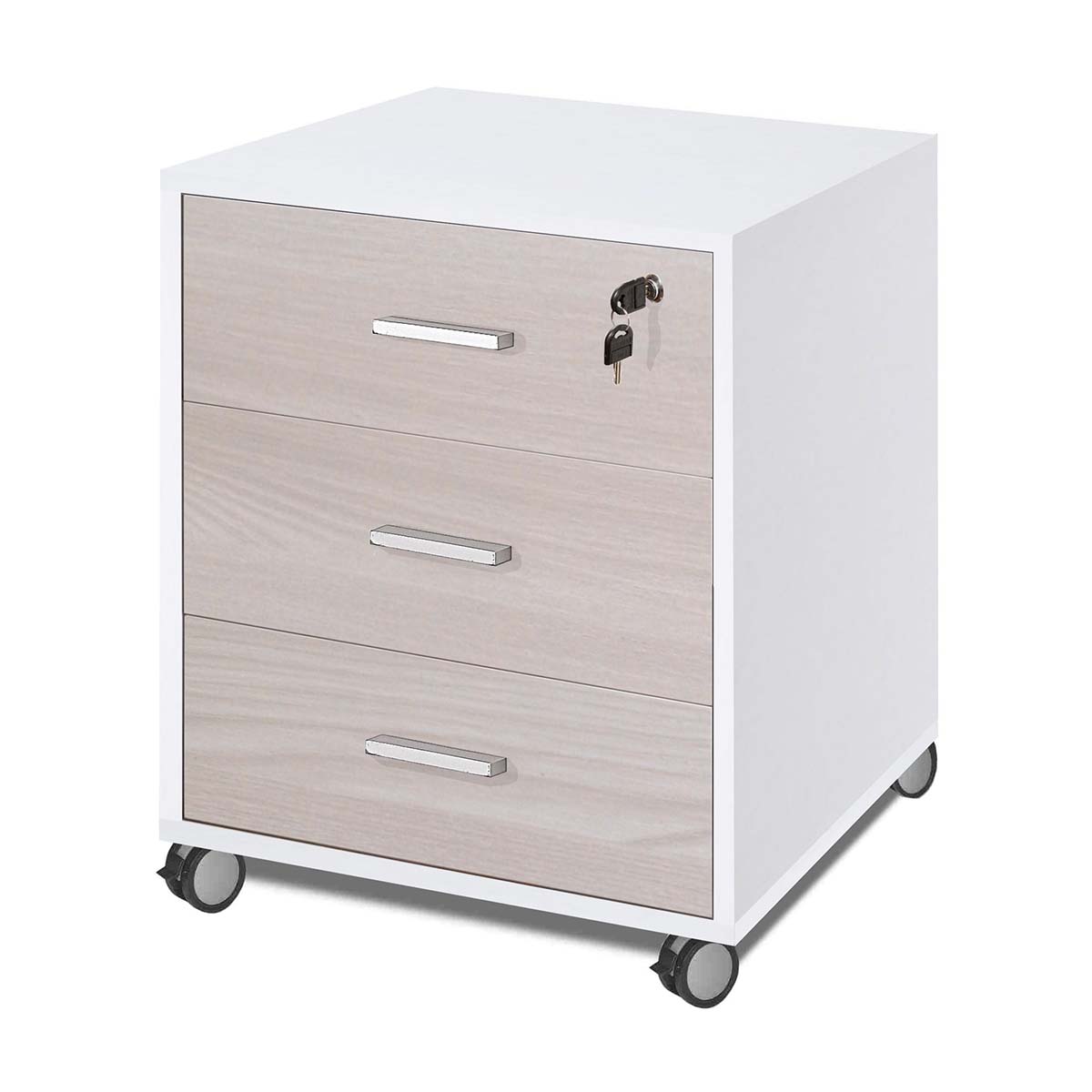 Cajonera de oficina con tres cajones con ruedas olmo blanco 50x41x h70 cm
