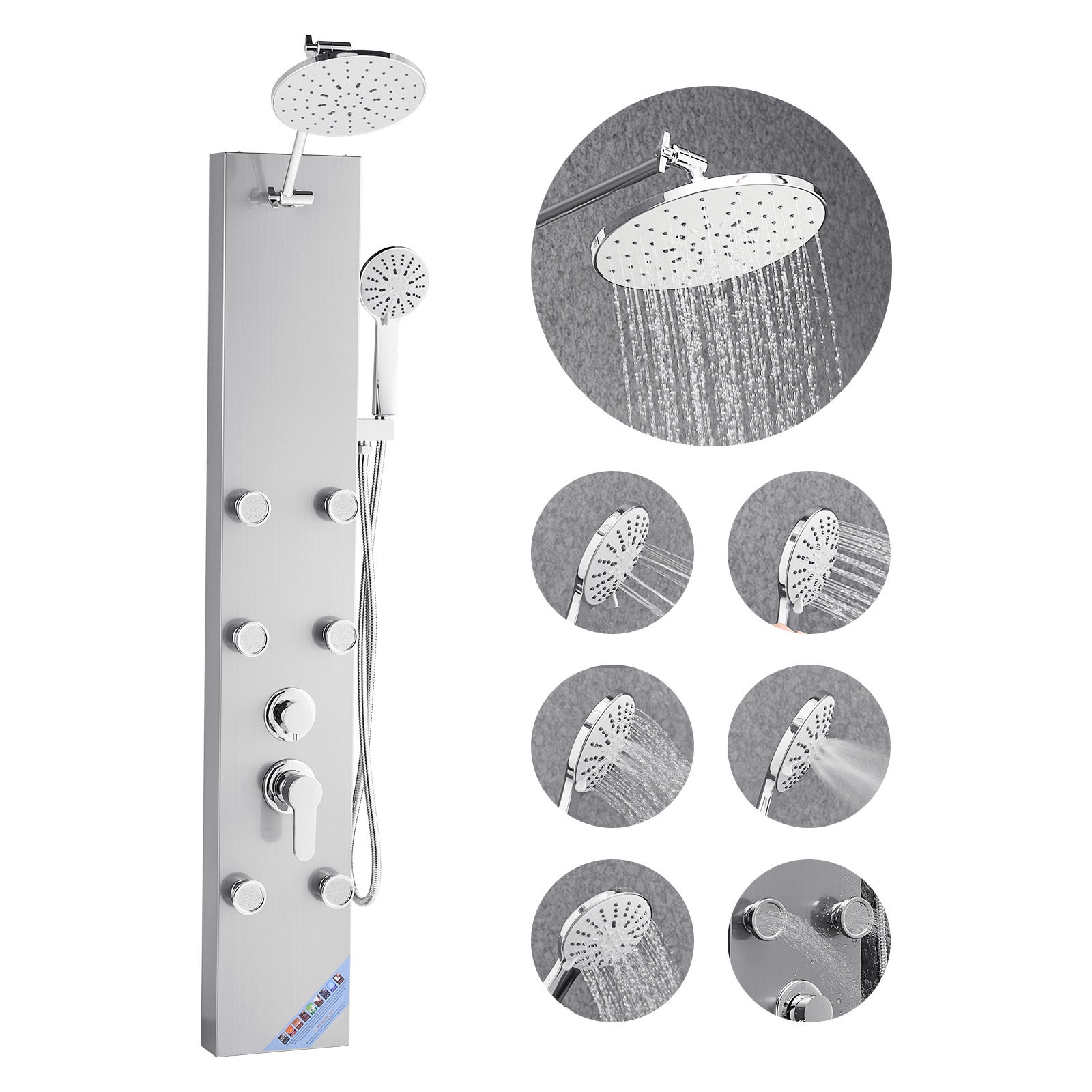 Colonne De Douche VEVOR En Acier Inox Brossé, Pommeau Effet Pluie Panneau Mural Robinet 5 Fonctions 96465937