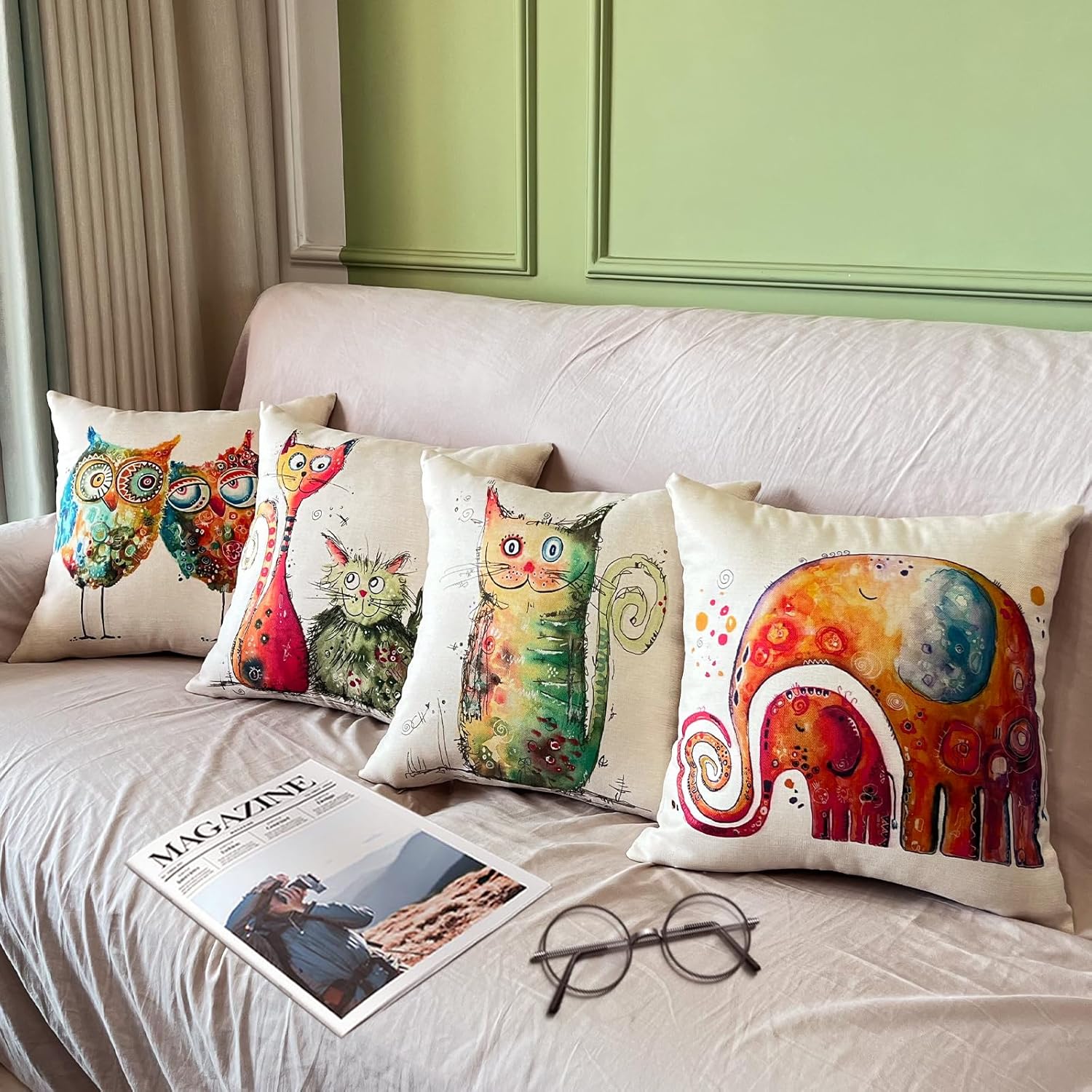 Lot de 4 housses de coussin décoratives 45 x 45 cm pour chambre, canapé, chaise, lit, jardin (lin animal) - 5