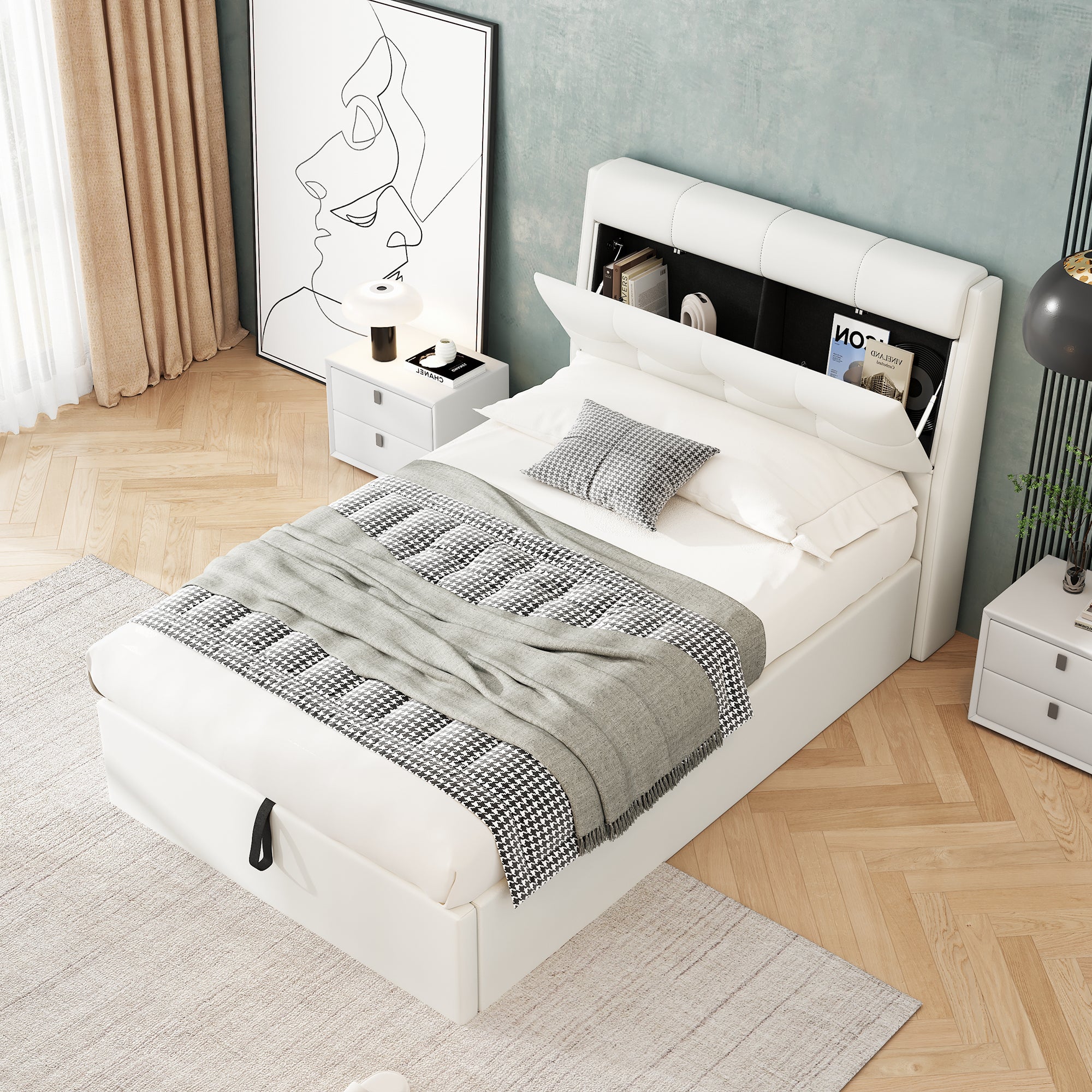 Lit coffre 90 x 200 cm avec tête de lit rangement - LEDs - Cuir PU - Blanc (sans matelas) - 2