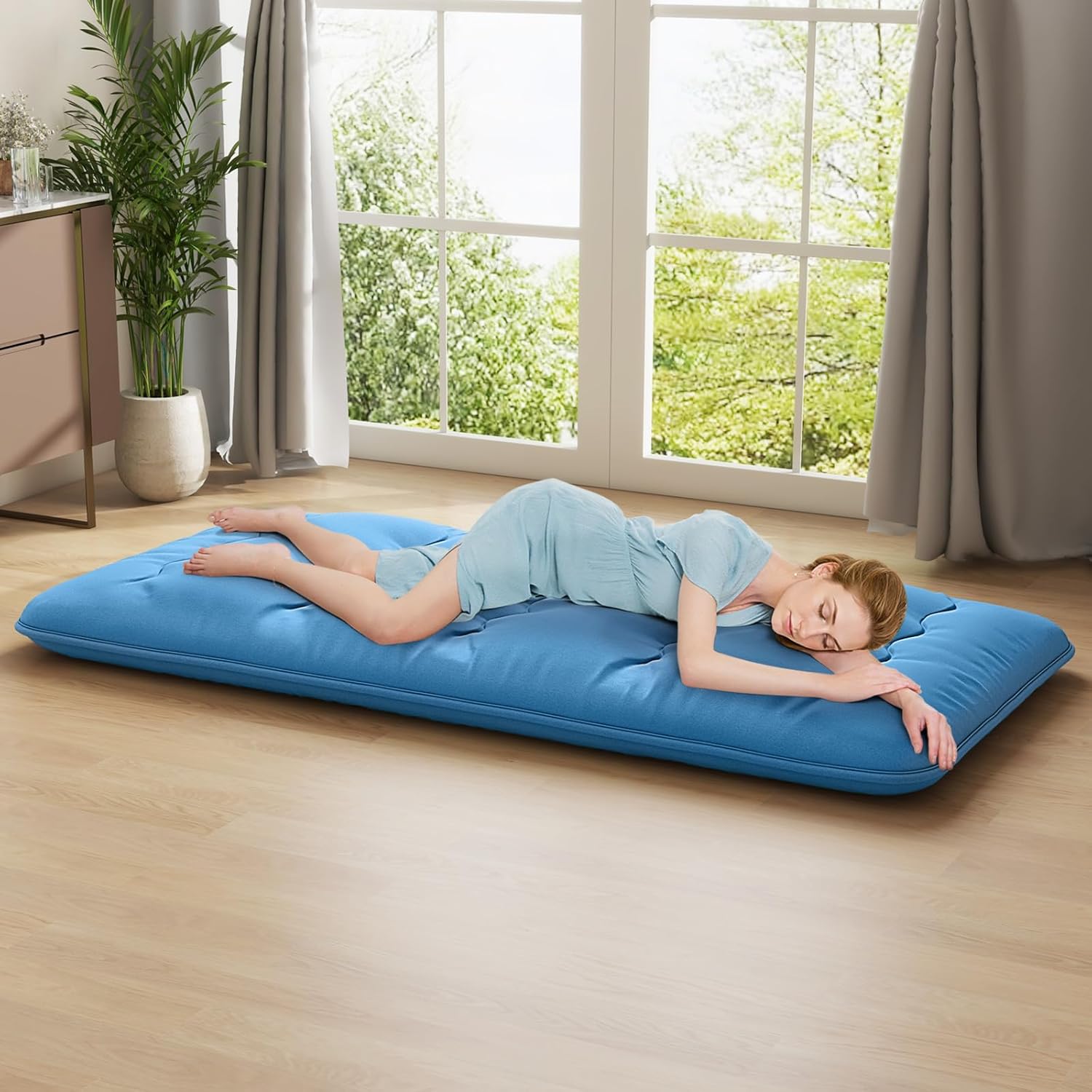 Matelas Futon Japonais 1 Personne 90x200CM, Lit de Couchage Enroulable de Sol Pliable et Portable avec Sac de Transport pour Camping, Voyages, Bleu - 2