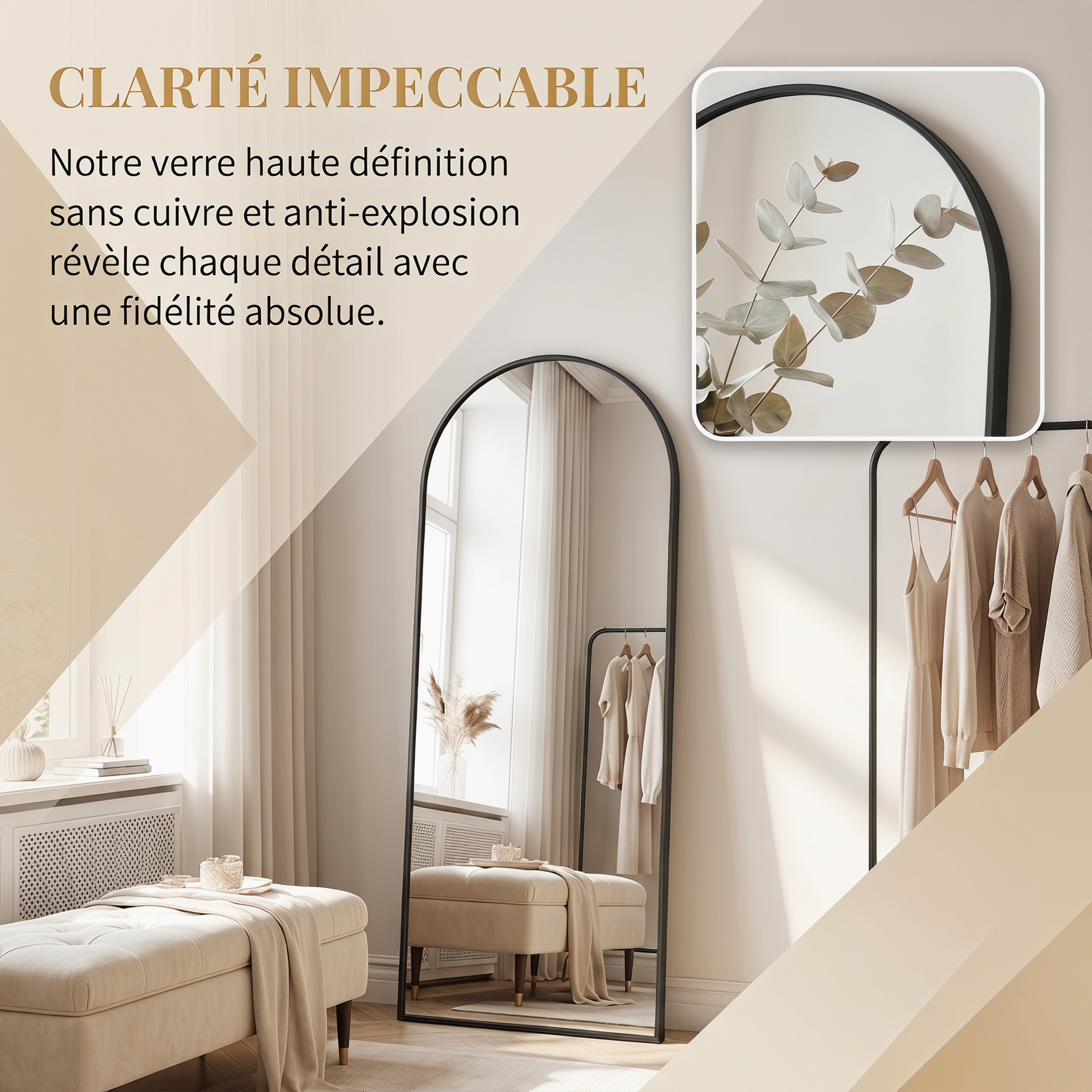 Miroir sur pied - l.54 x H.164 cm - Grand miroir incurvé HD - cadre en alliage d'aluminium - Miroir Mural haute définition en Verre Trempé - Noir - 8