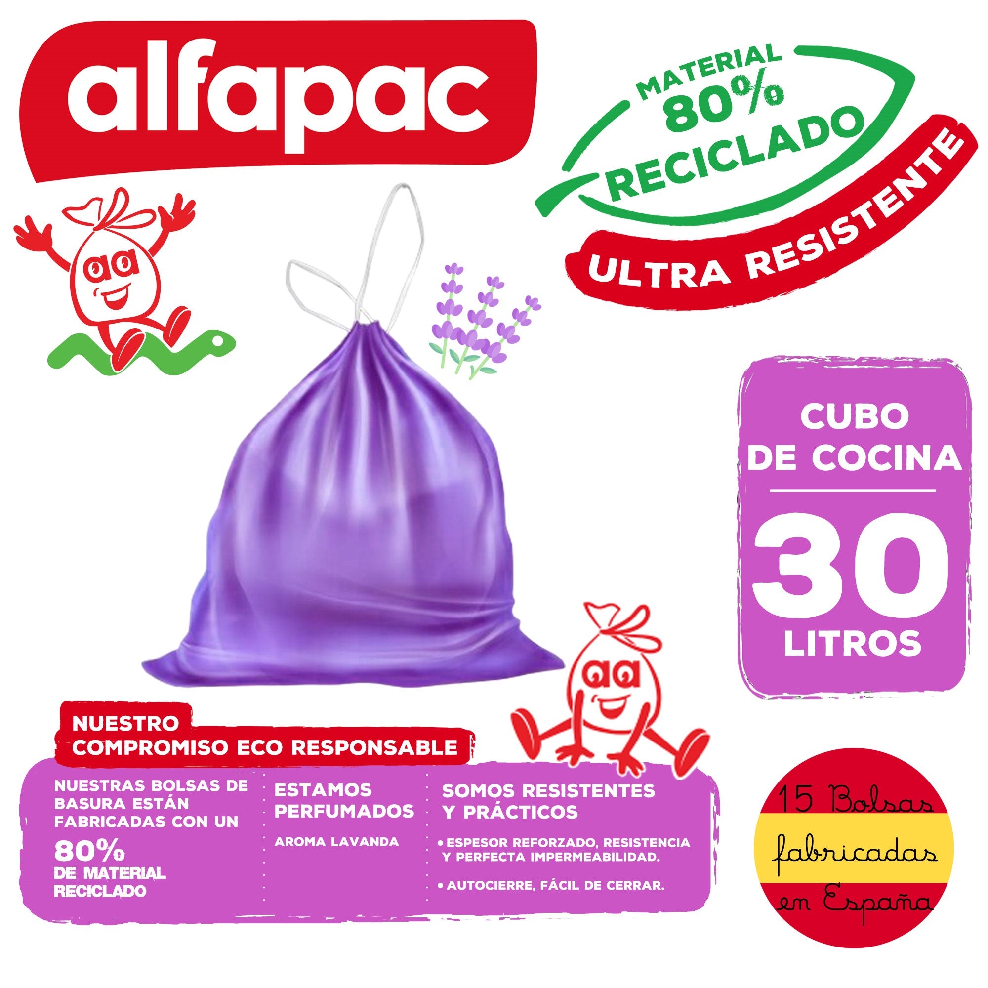 ALFAPAC Boules poubelles 15u 'Lavande' 55x60cm 30L fermeture automatique - 2