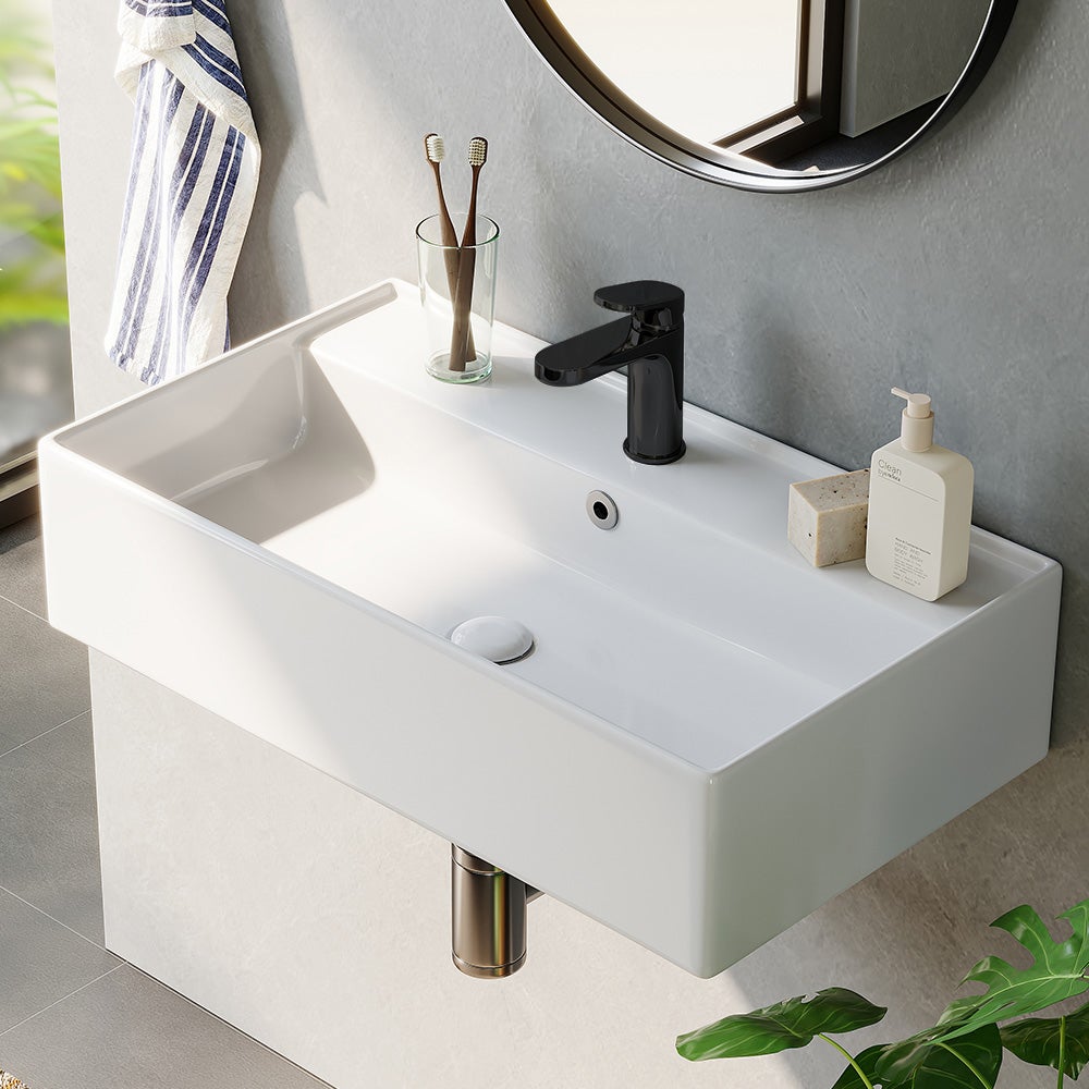 Lavabo à bord fin, rectangulaire suspendu ou à poser, avec trou pour robinet, lavabo mural pour invités 55 × 31 × 13 cm HOROW - 3