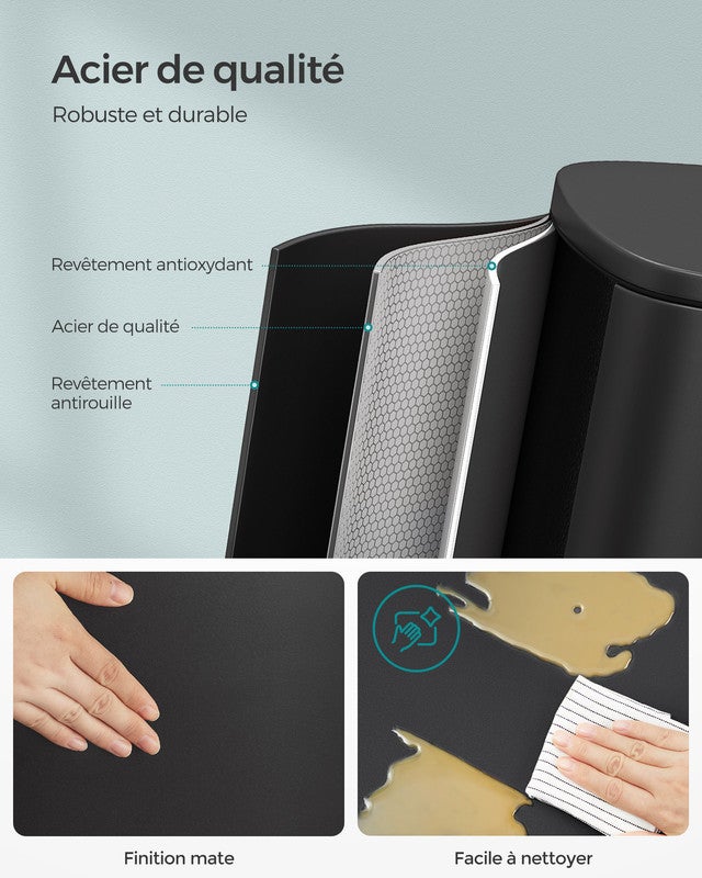 Poubelle Cuisine 50L, Poubelle Bureau, Fermeture en Douceur, avec Pédale, en Acier, Seau Intérieur, Noir - 3