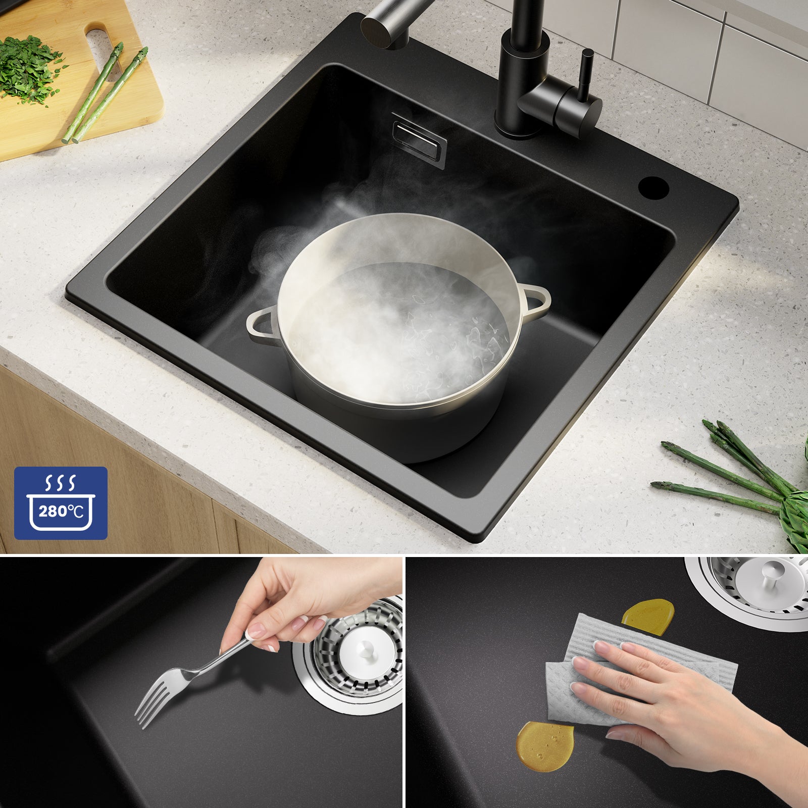 SOFETIY MAX Évier Cuisine Noir 45*45cm ,Évier 1 Bac en Granit, Kit de Vidage,Évier à Encastrer - 4