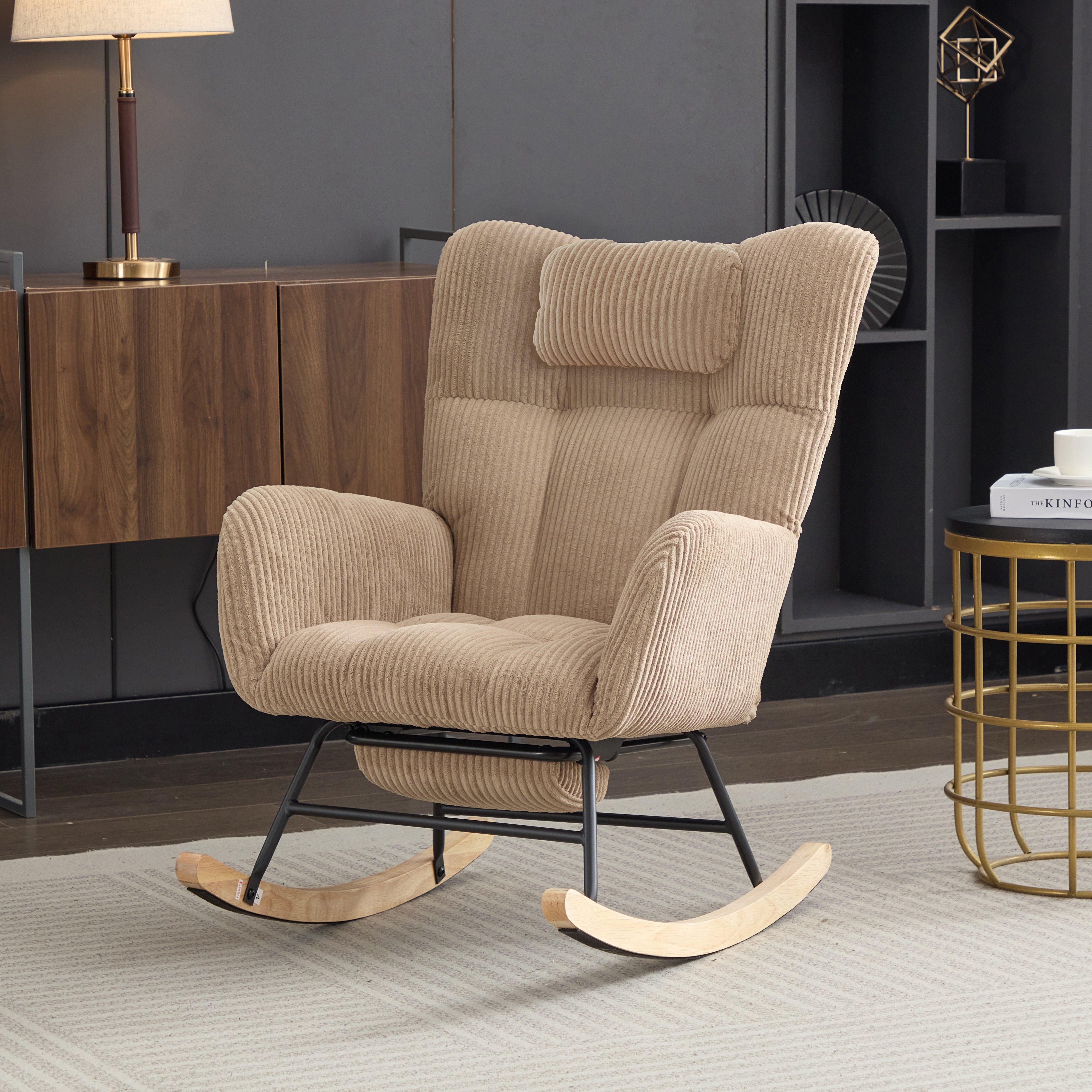 Fotel bujany z regulowanym podnóżkiem i podłokietnikami - 102 x 65 x 92 cm - Sztruks - Brązowy - 3