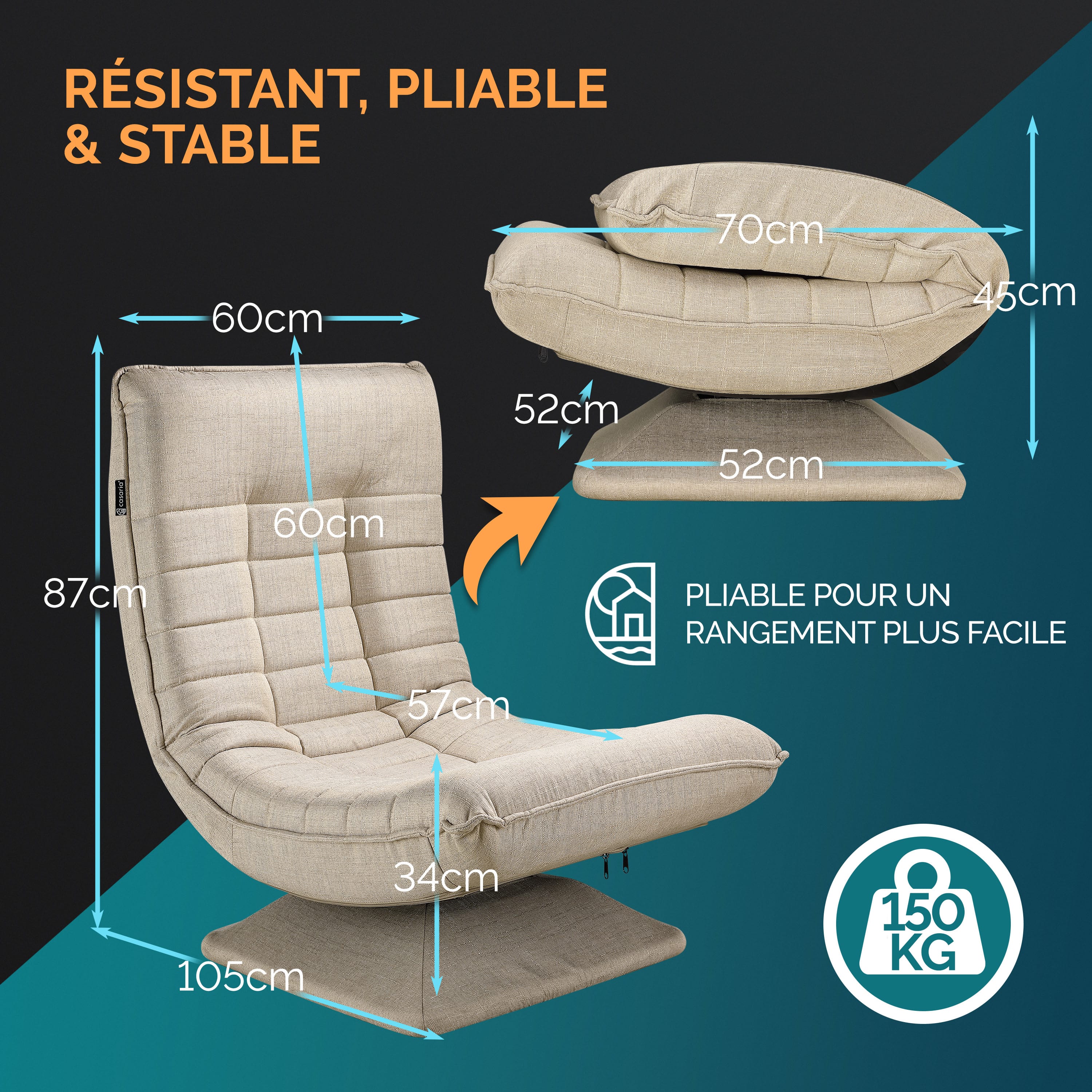 CASARIA® Fauteuil tout confort pivotant à 360° Crème capacité de charge de 150kg siège de gaming 58x57x84/87cm relaxation - 5