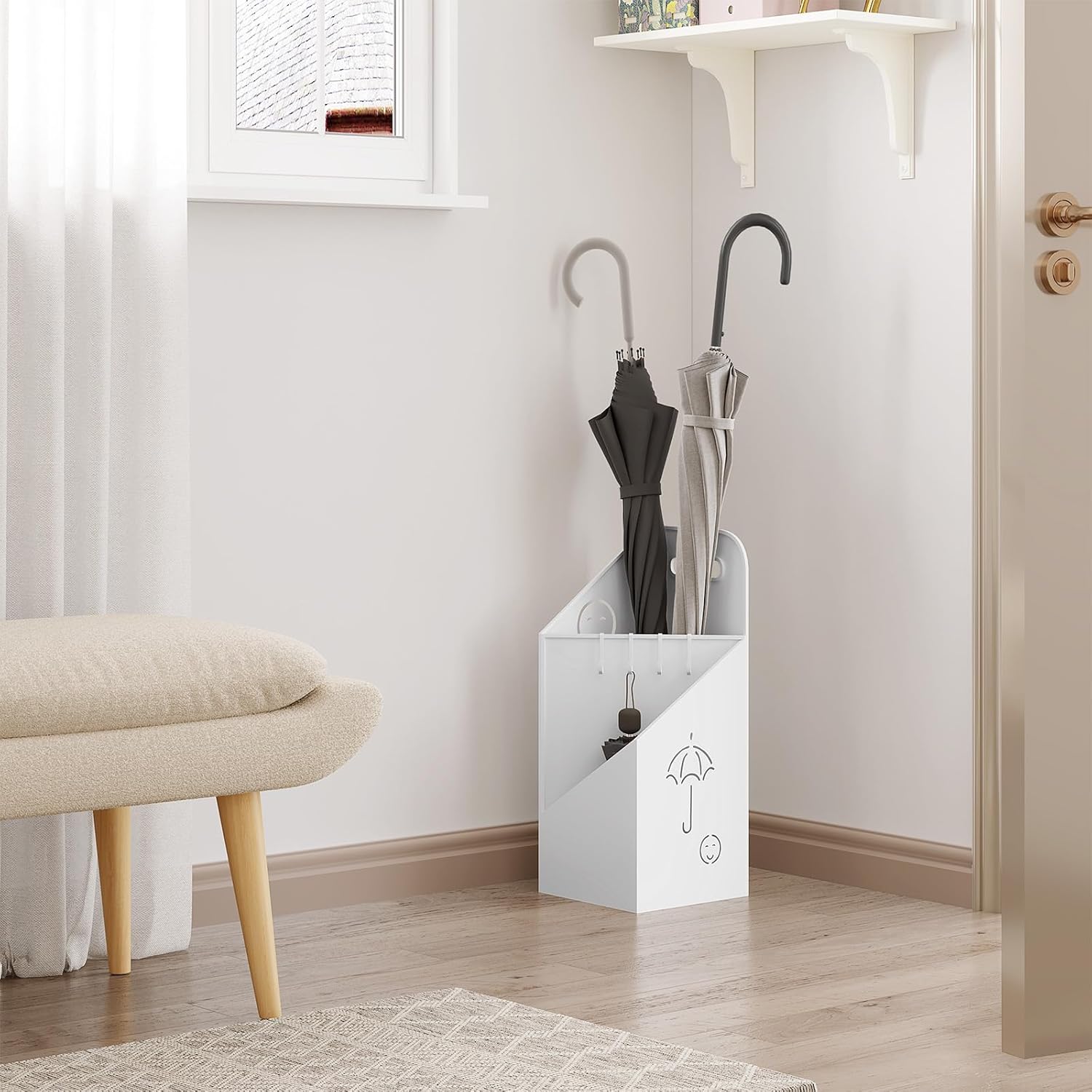 Porte-Parapluie avec 4 Crochets WOLTU, Porte-Parapluie avec 2 Zones Séparées en Métal Antirouille, Blanc - 2