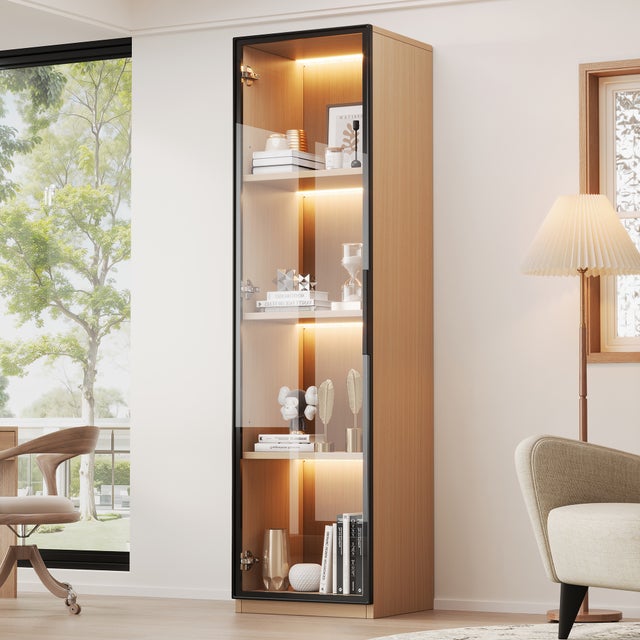 Vitrina estrecha 40x40x165 cm roble con LED, puerta en vidrio templado, bisagras soft-close, mueble para salón u oficina, carga 50 kg
