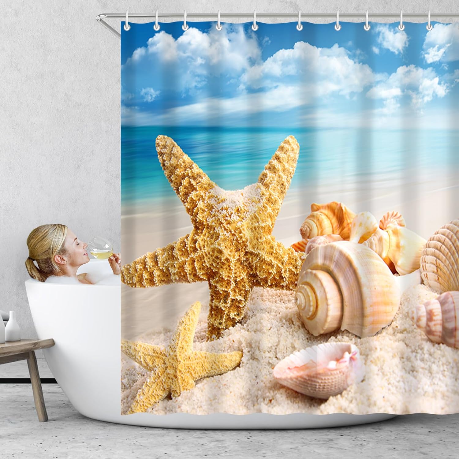 Wodoodporna zasłona prysznicowa wykonana z poliestru, odporna na pleśń, zasłony do łazienki z 12 haczykami, 180 x 180 cm (rozgwiazda)