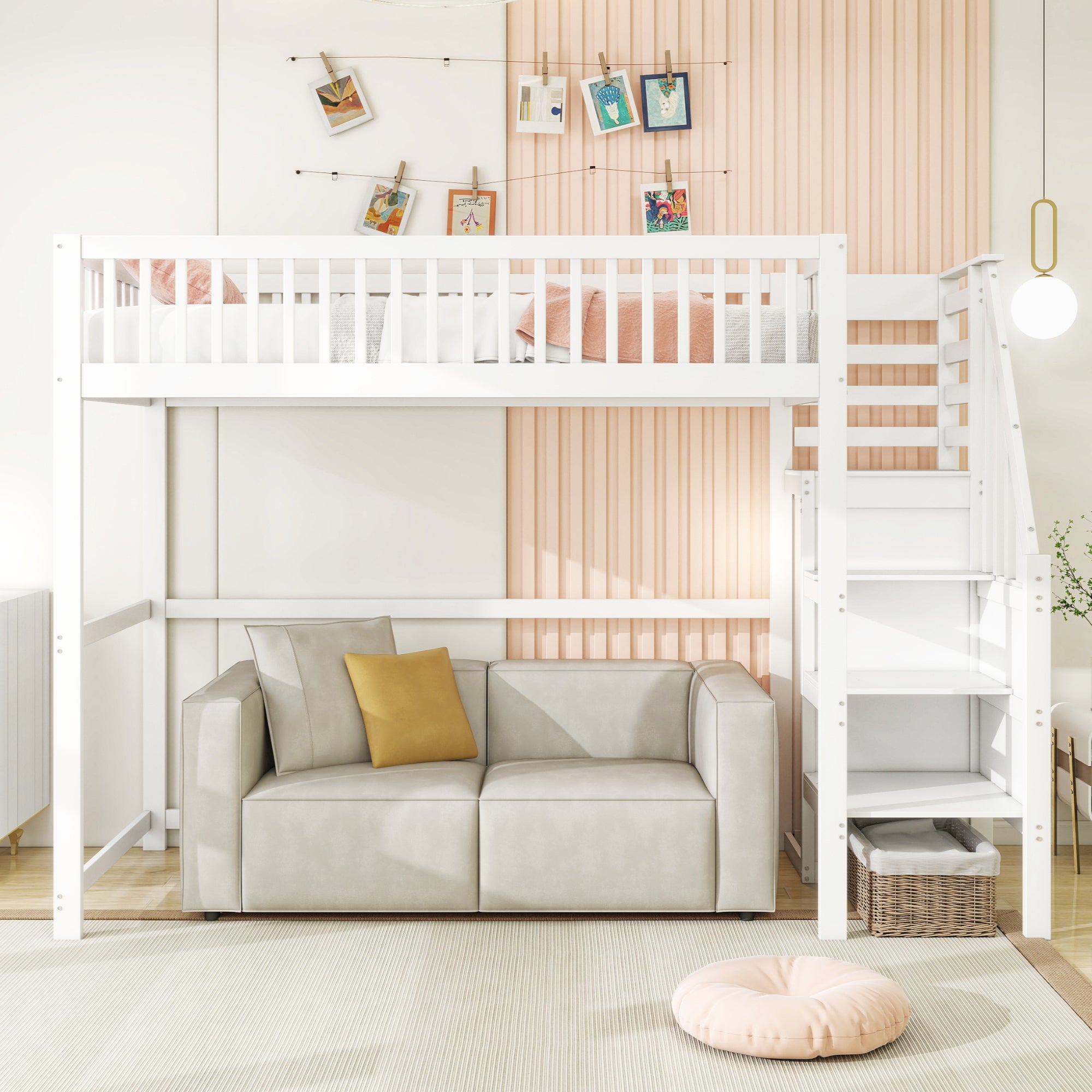 Lit mezzanine 90 x 200 cm avec armoire et escalier - bois massif et MDF - blanc (sans matelas) - 2