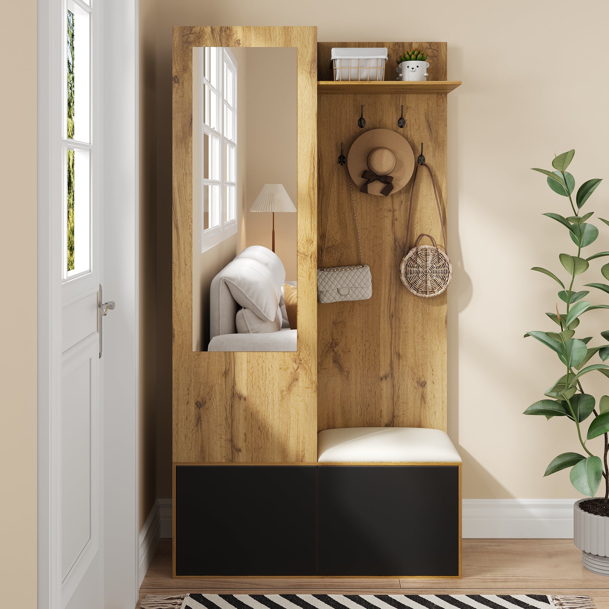 Appendiabiti Con Panca E Specchio Relaxdays 10024784 – Stile Rustico Bianco – 5 Ganci E Cestini Portaoggetti – 186x81x44,5 Cm