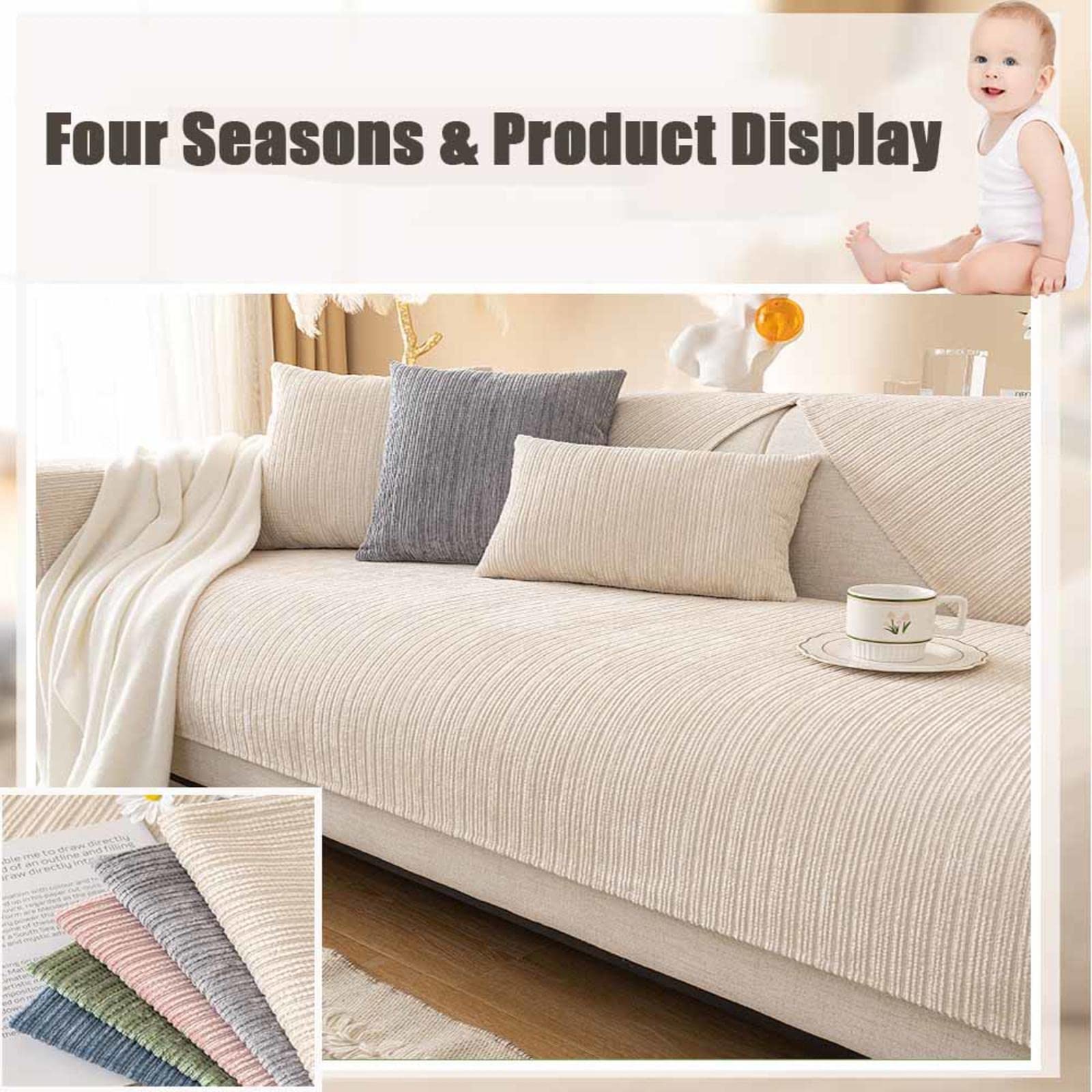 Coussin de canapé protecteur, coussin de canapé d'angle, coussin en coton et lin, anti-salissures, beige, 90 x 160 cm - 6