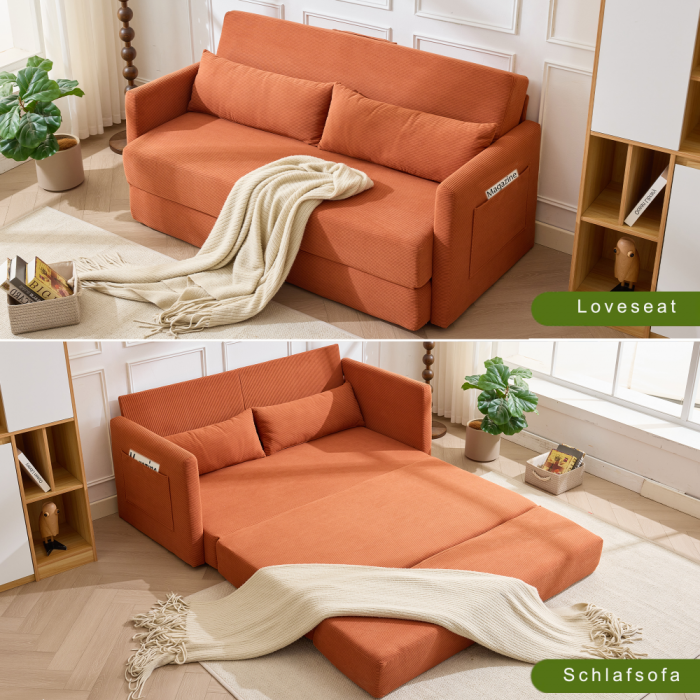 Sofá cama moderno laranja 2 lugares, tecido poliéster, braços quadrados, com almofadas lombares e bolsos, ideal para sala de estar - 8