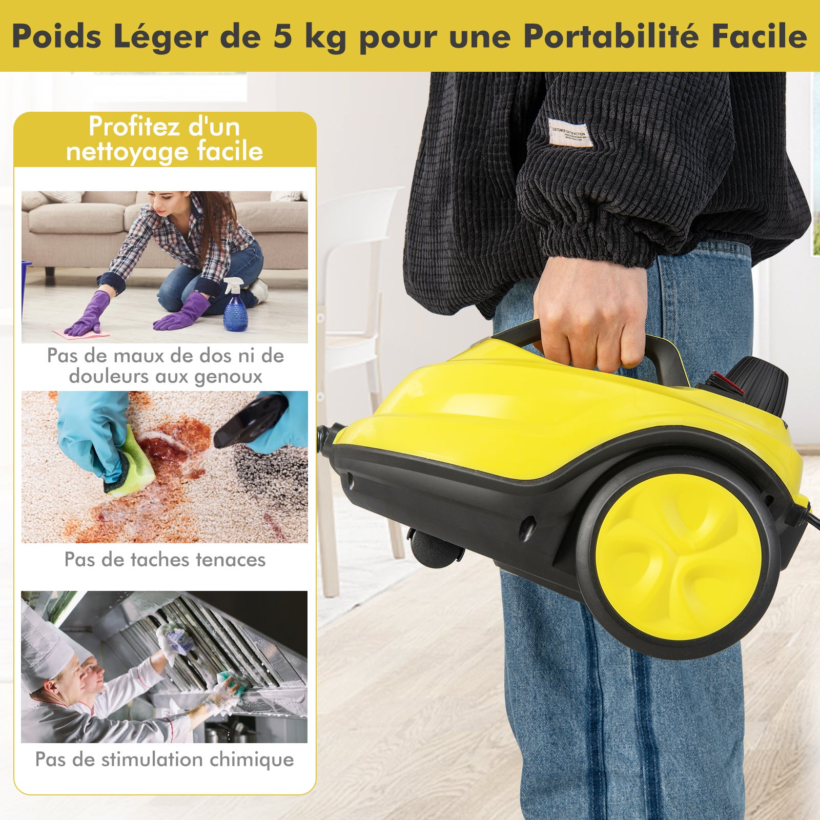 Nettoyeur Vapeur Polyvalent de 2000W avec 15 Accessoires et Manomètres, Balai Vapeur à Roulettes 5 Bars avec Réservoir de 1,8 L, Jaune - 7