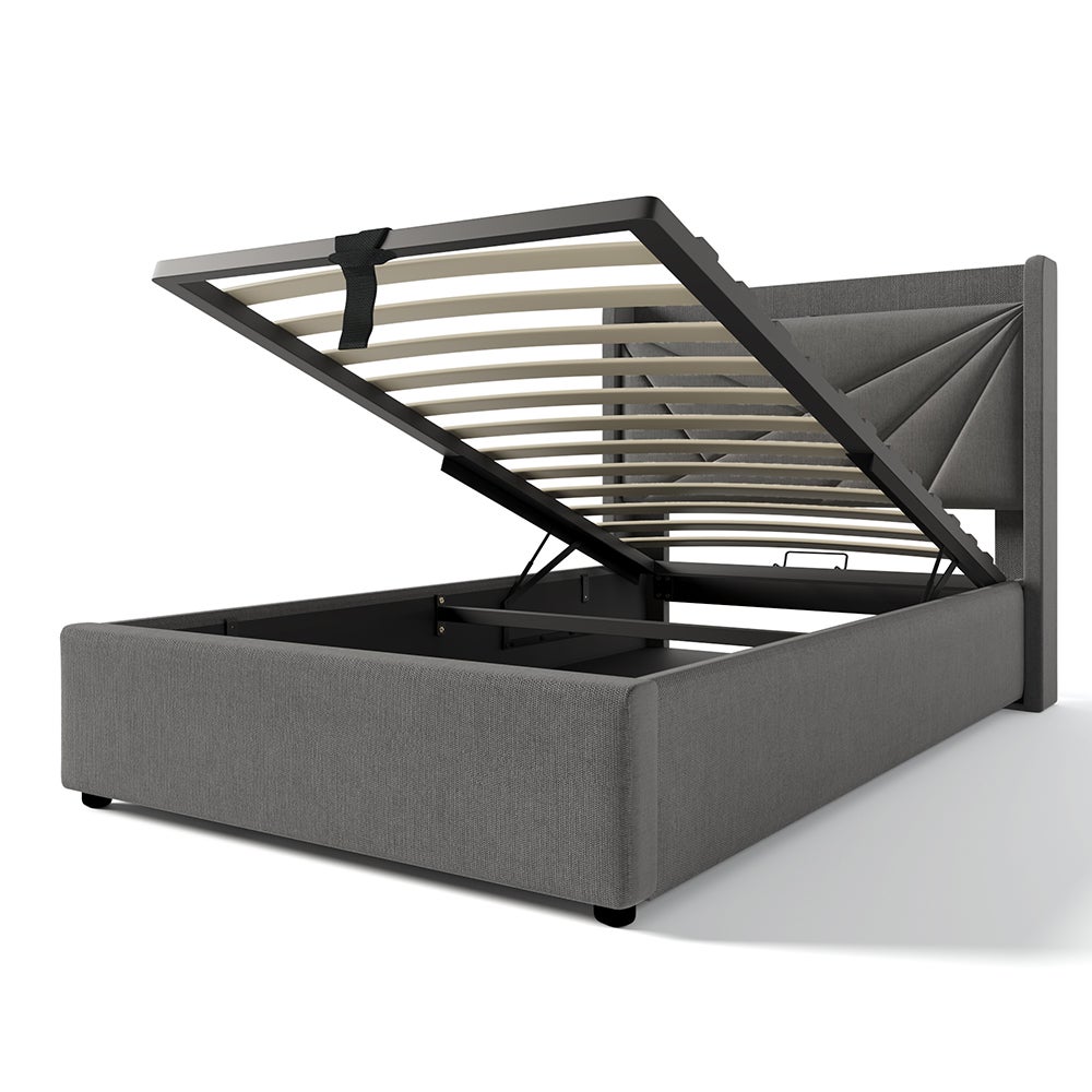 Lit coffre Lit double rembourré Lit de rangement Tête de lit avec fonction de chargement USB Cadre de lit en lin Lit 90x200 cm Gris - 2