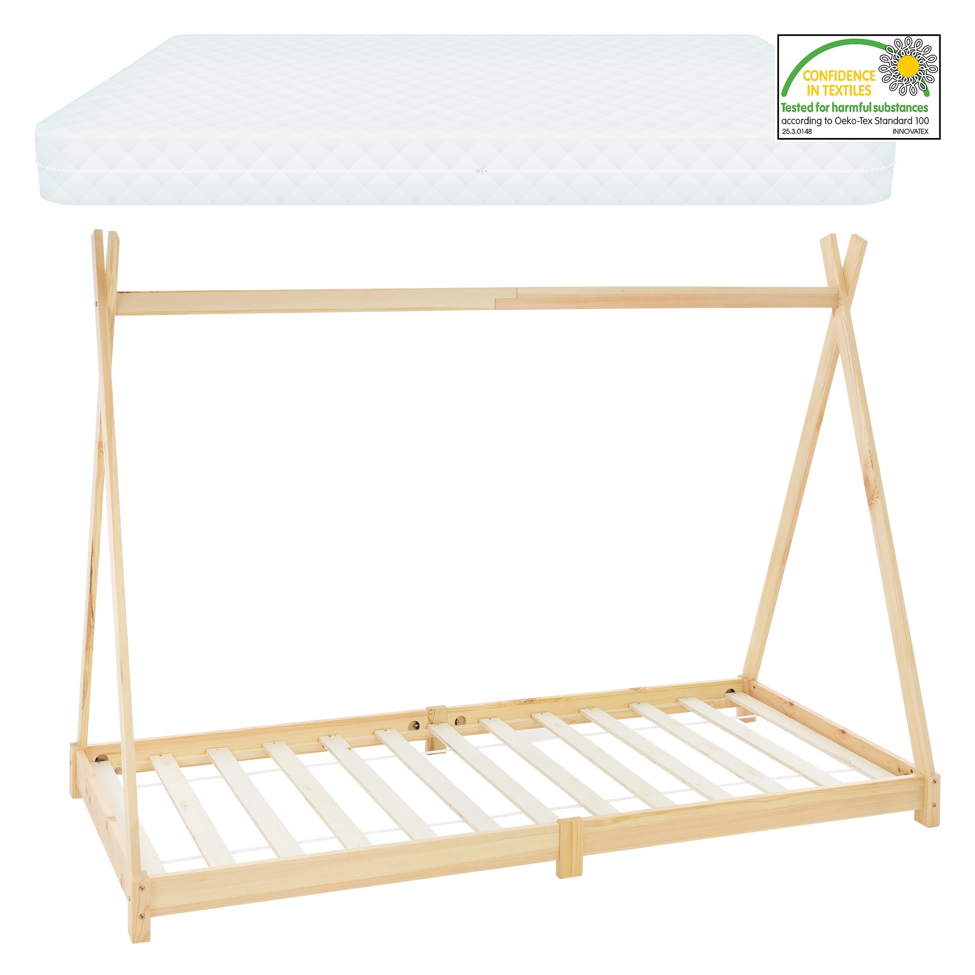 Lit d'enfants Tipi 90x200 cm naturel cadre style indien en bois de pin massif matelas H:10 cm hypoallergénique housse amovible et sommier à lattes - 10