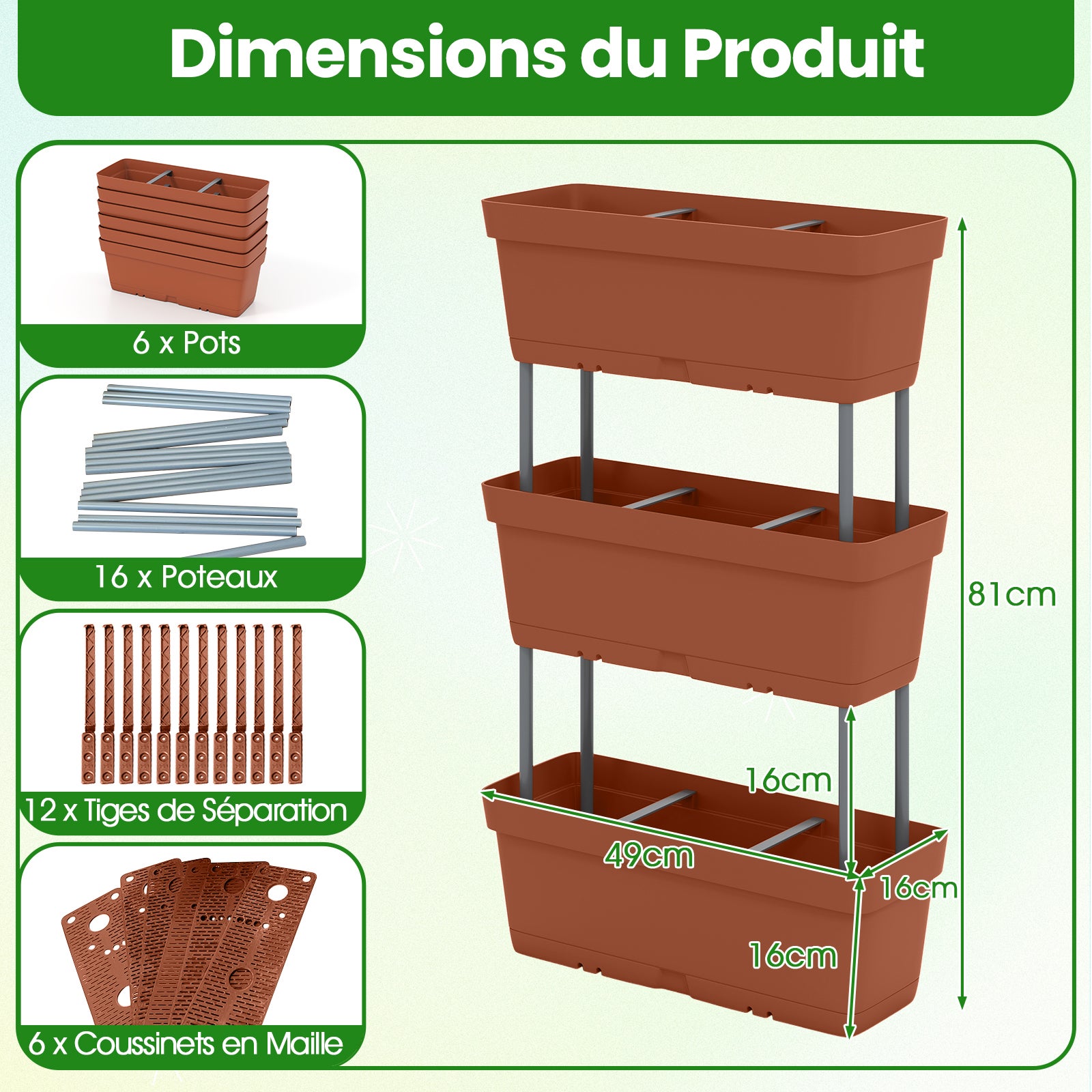 Jardinière Surélevée Vertical avec 6 Bacs de Plantation Trous de Drainage, Lit de Jardin Arrangement DIY pour Fruits Légumes Fleurs Herbes, Marron - 4