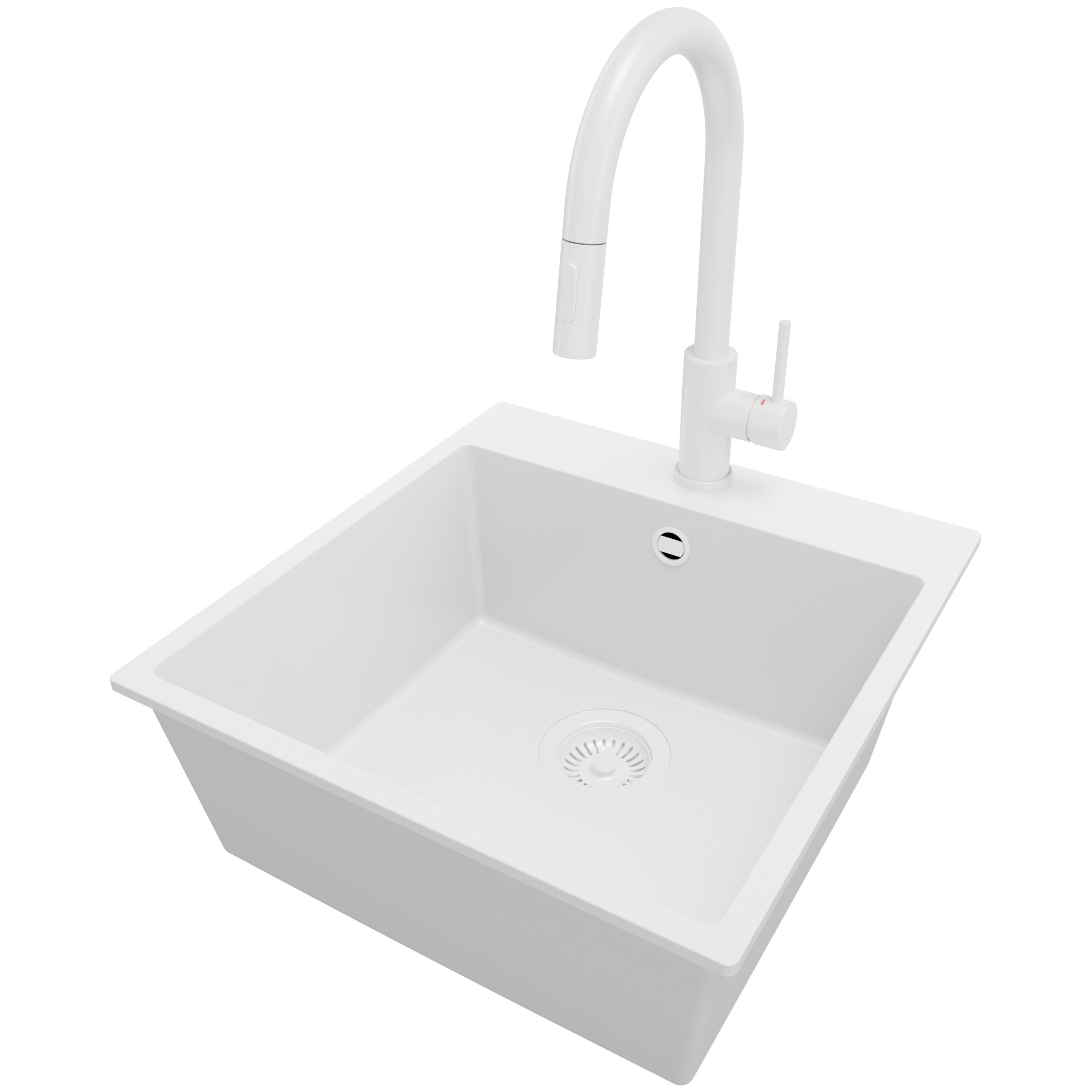 Zlewozmywak Granitowy Cały Biały 48x50cm, Zlew Kuchenny 1 Komorowy + Bateria 40x20cm + Syfon, Nablatowy do szafki od 50cm - Ryga PRIMAGRAN