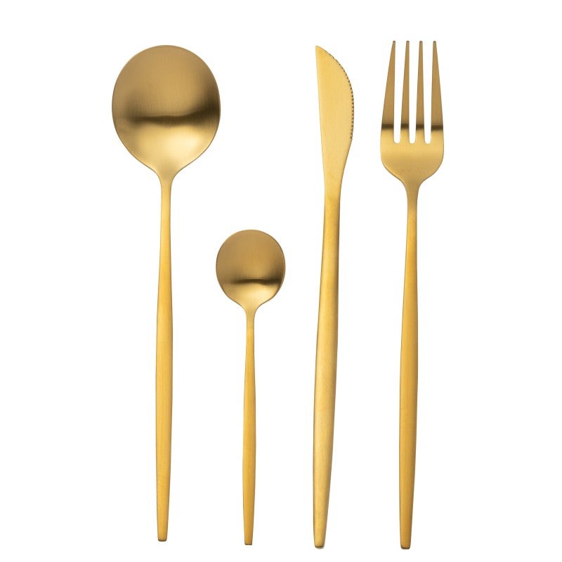 Juego de 24 cubiertos de acero inoxidable dorado.