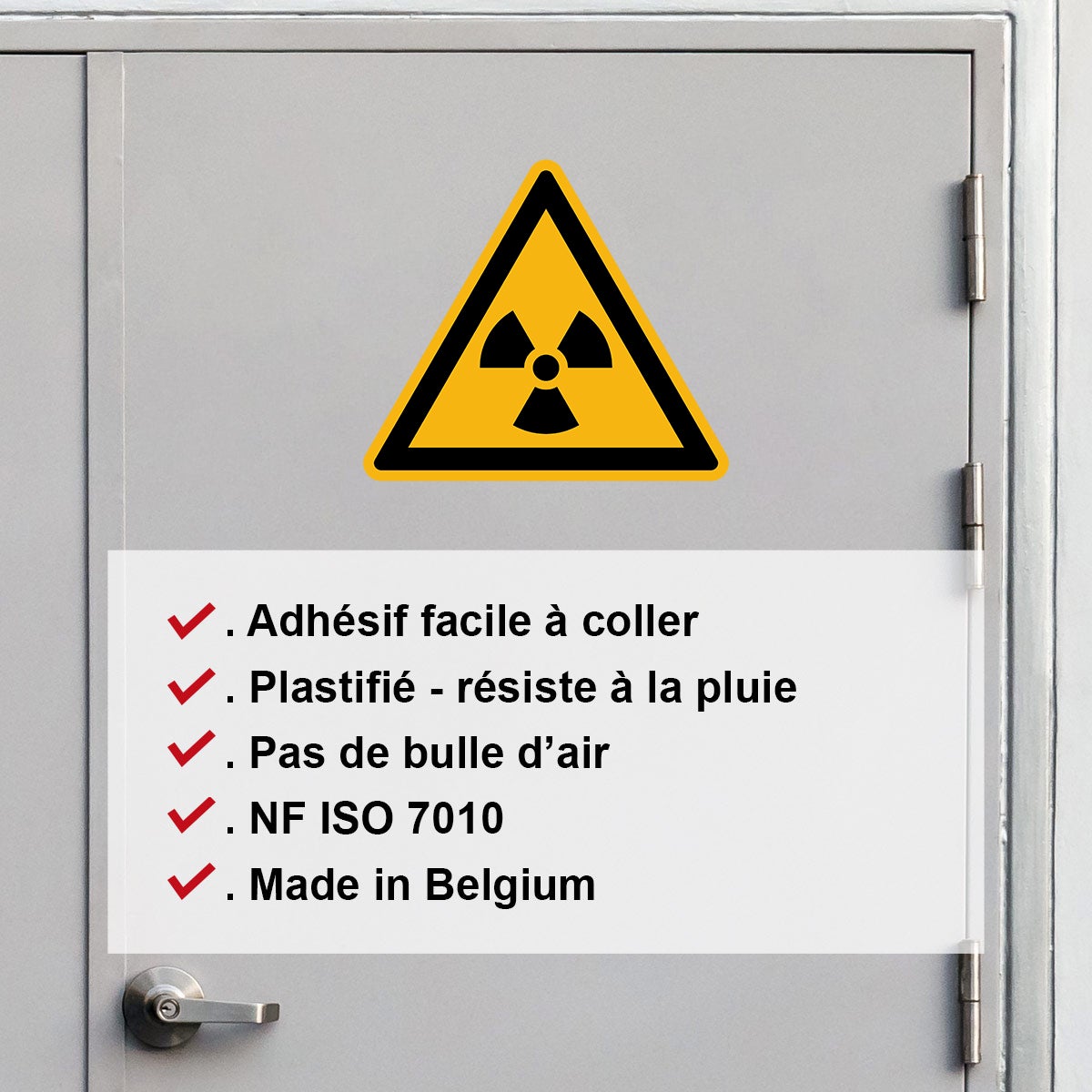 Autocollant Danger Warning Avertissement NF ISO7010 - Sticker Adhésif Signalétique Triangulaire Laminé - Matières Radioactives - 60x60 cm - 8