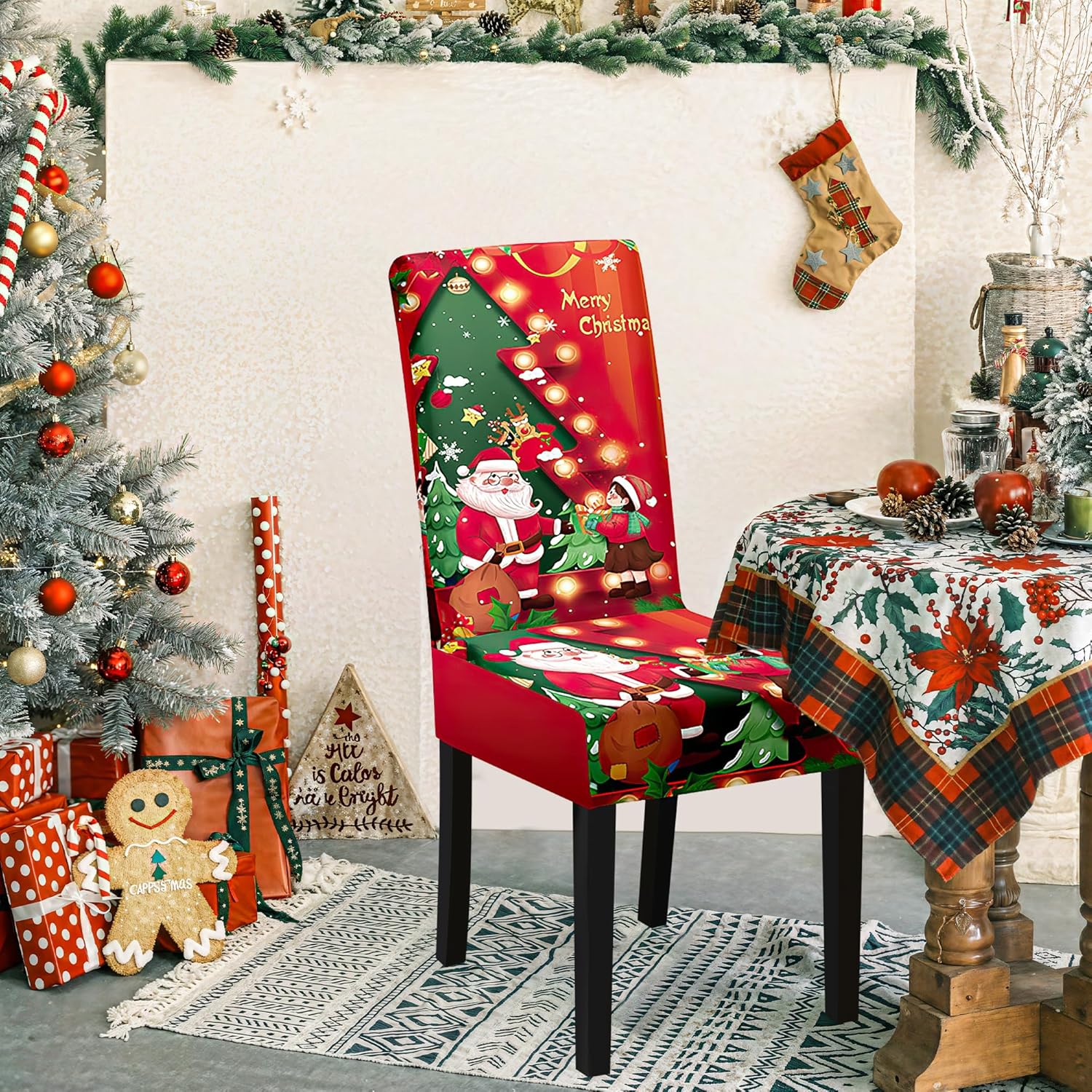 Lot De 6 Housses De Chaise Noël - Père Noël & Bonhomme De Neige - 60x50cm - Polyester Antidérapant - Décoration De Table - 3