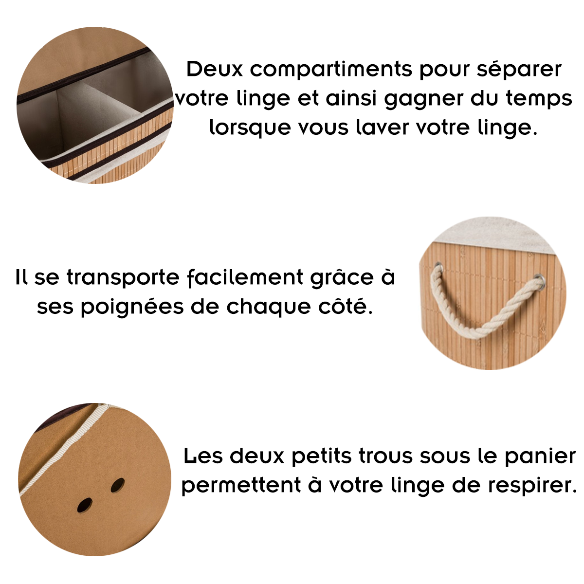 PALI Panier à linge robuste en bambou - 100 L - 2 compartiments - moderne et élégant - 2