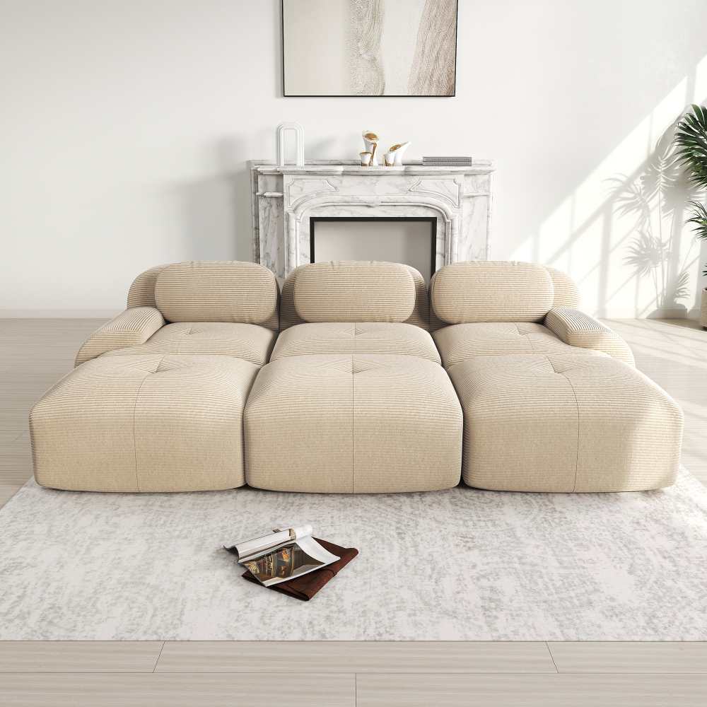 Modułowa sofa 3-osobowa w tkaninie kordowej z 3 pufami, bardzo szerokimi podłokietnikami, wypełnieniem 32D, nie wymaga montażu, przyjazna dla zwierząt