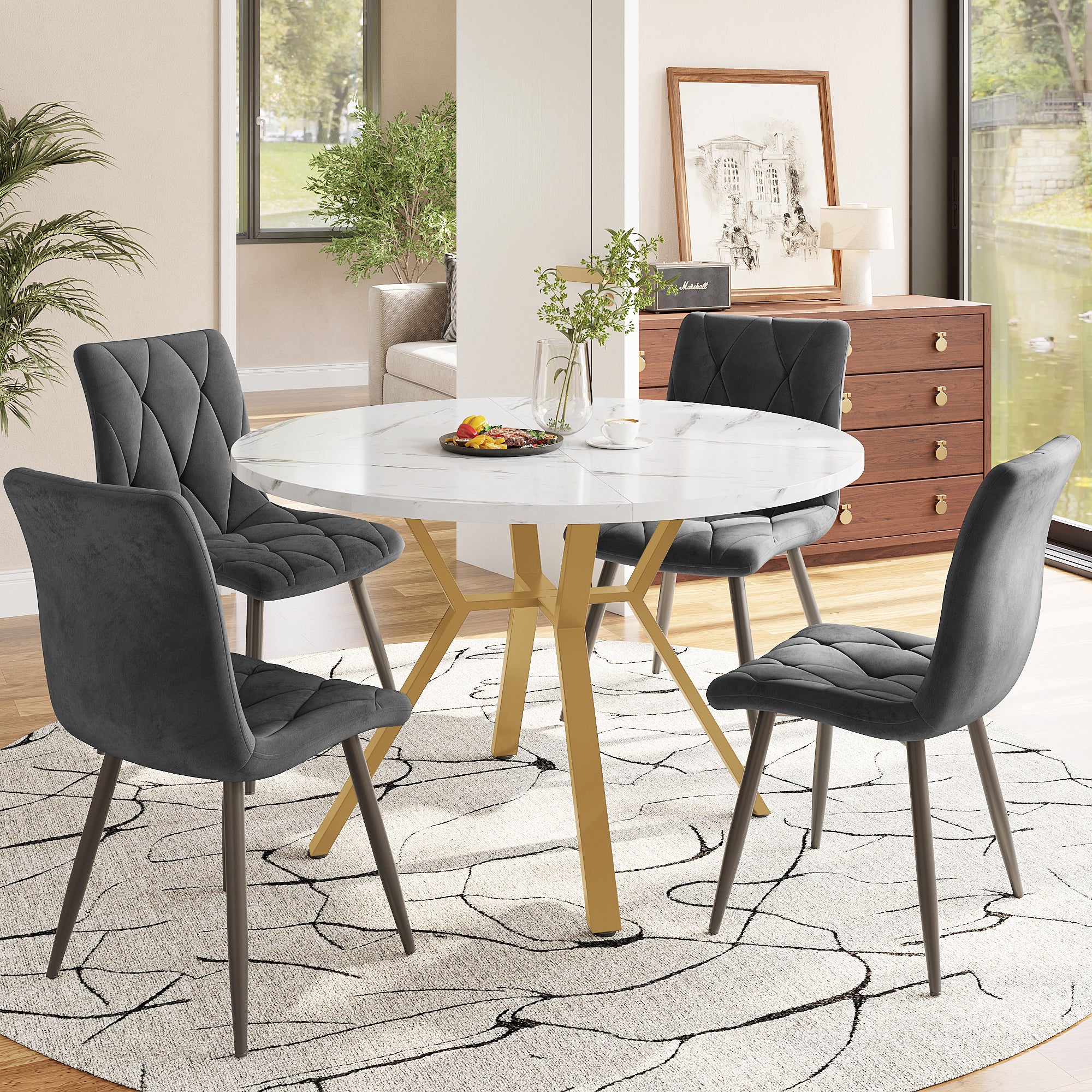 Zestaw okrągły stół jadalny z 4 krzesłami z aksamitu - D100 x W75 cm - MDF i nogi z metalu w kolorze złotym - Biały + szary
