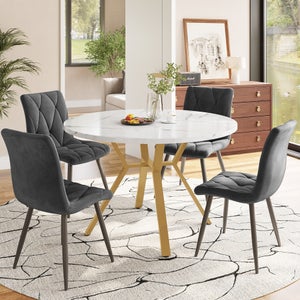 Table Ronde Salle à Manger 120 Cm Avec 4 Chaises Velours - Bois Et Métal Noir - Rangement Intégré - Ensemble 4 Personnes