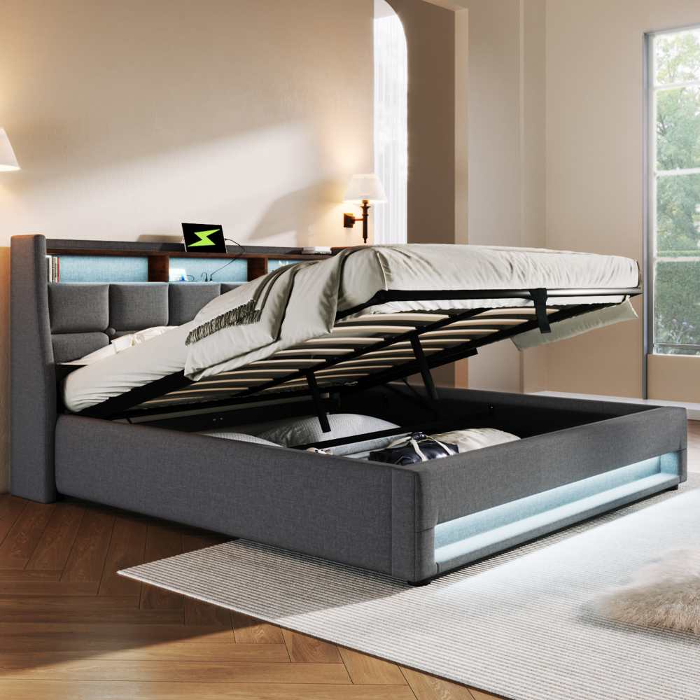 Łóżko tapicerowane z USB 180 x 200 cm, podwójne łóżko LED z metalową ramą i listwami, rama łóżka z lnu Łóżko młodzieżowe (bez materaca) - 7