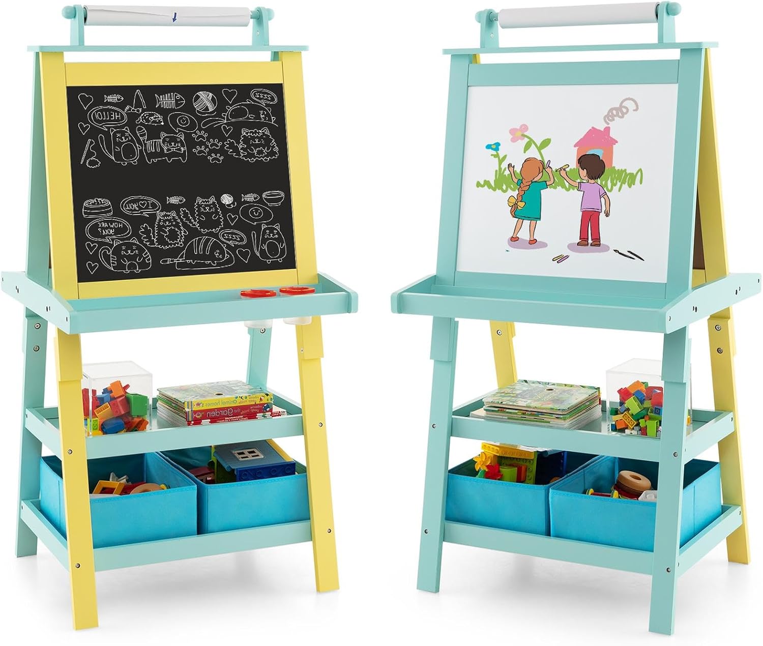 Dwustronna Tablica dla Dzieci, Sztaluga z Białą/Czarną Tablicą do Pisania Markerami, Tablica Magnetyczna, dla Dzieci Powyżej 3 Lat, Zielona