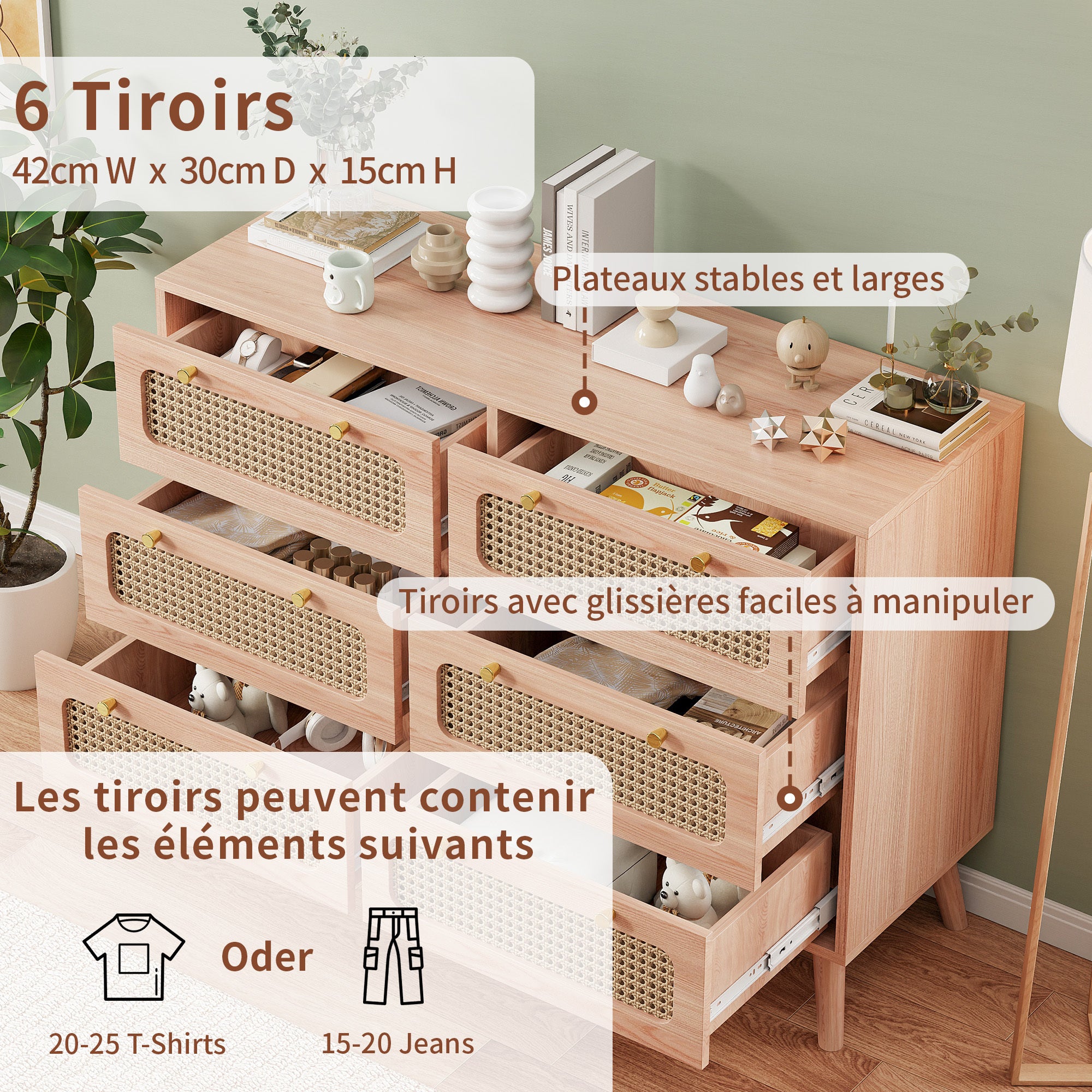 Commode en cannage - 6 tiroirs poignées en métal - pieds hauts bois - conception anti - basculement - 100x73x34 cm - couleur bois naturel - 6